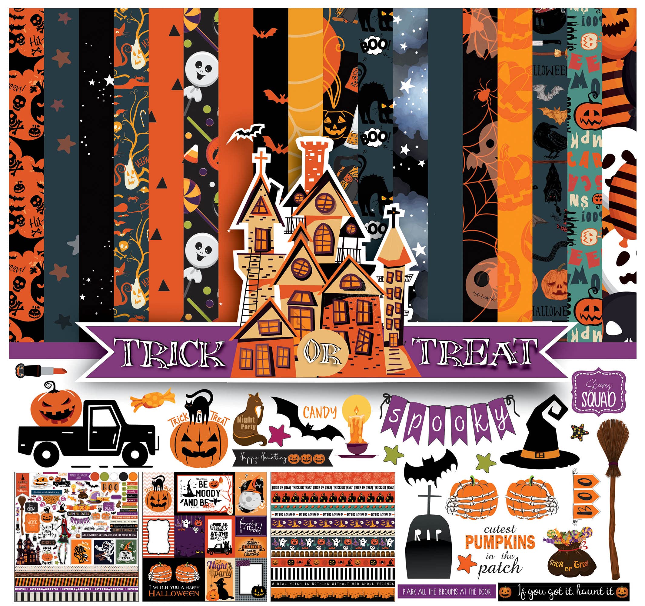 Inkdotpot Halloween Theme Collection Double-Sided Scrapbook Paper Kit Cardstock 12"x12" Card Making Paper Pack with Sticker Sheet - 16 Pages - Orange & Black