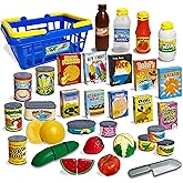 Small World Toys Kids Grocery Basket Play Food Set, Pretend Food Kids Shopping Basket Toddler Playset, 32 Pcs Grocery Food Play Kitchen Accessories, Educational Toddler Toys for Girls & Boys