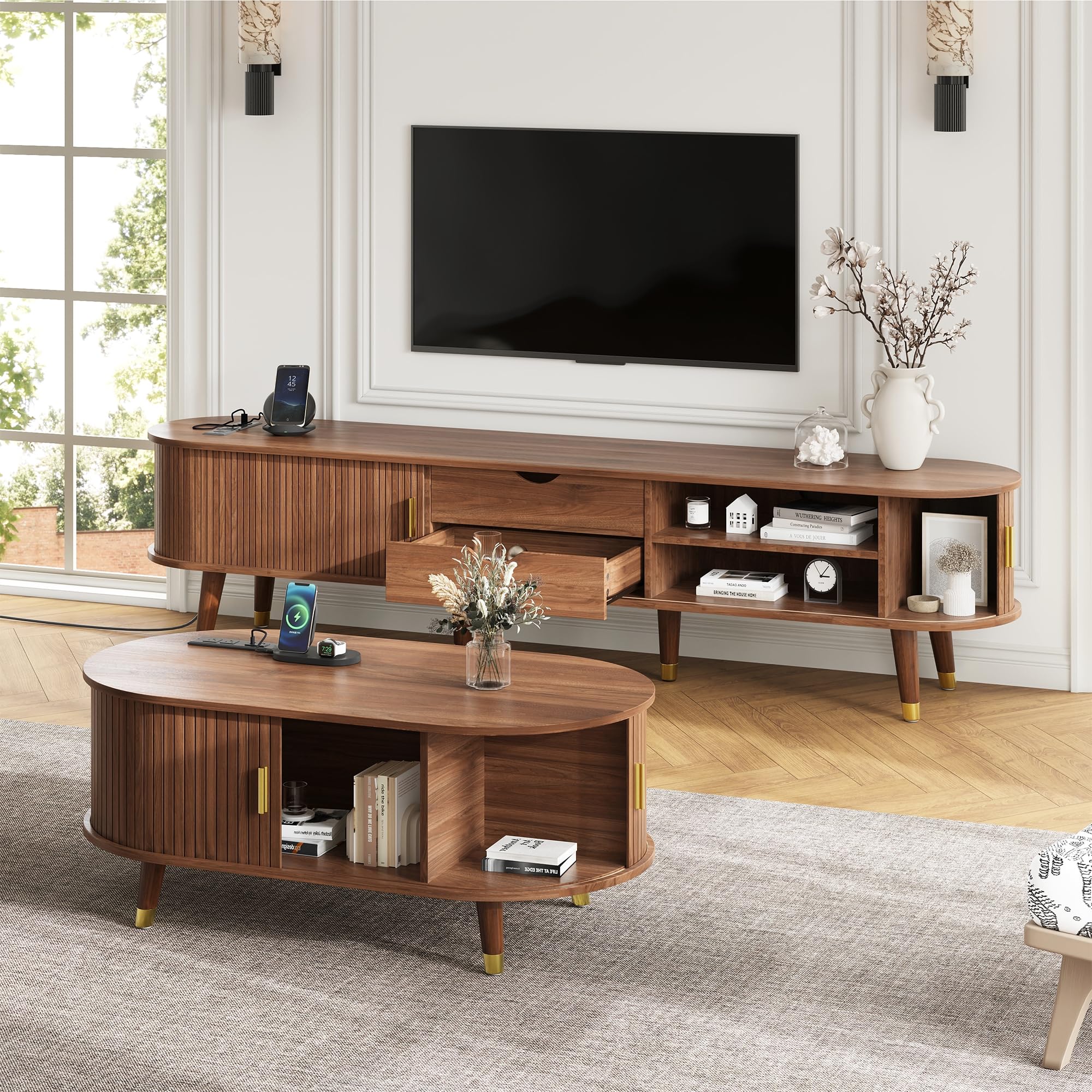 Photo 1 of **SEE NOTES** Merax Wooden Farmhouse TV Stand & Coffee Table Set with Charging Station,Oval Fluted Media Console with Sliding Doors for TVs up to 80", Mid-Century Center Table with Wood Legs for Living Room,Walnut