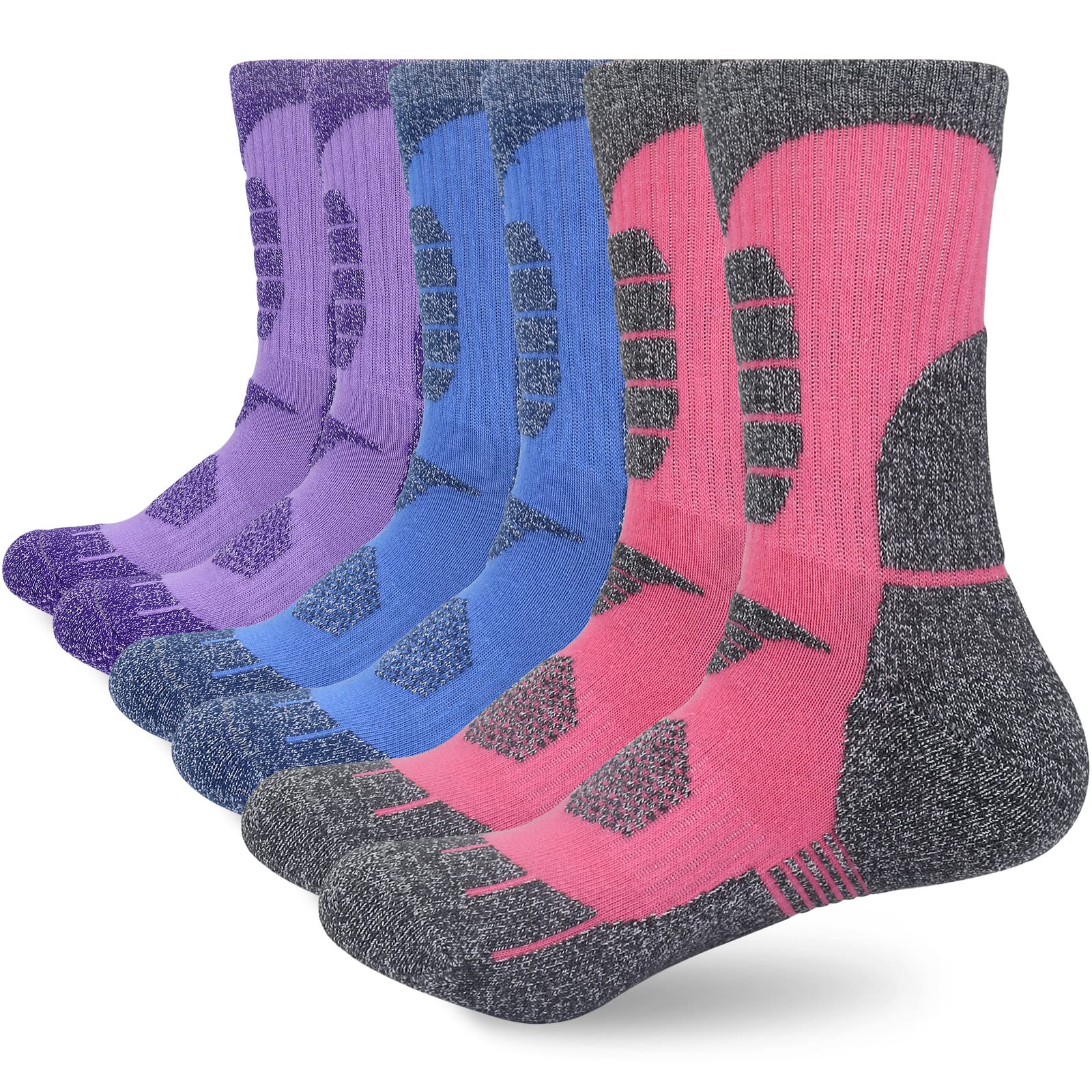 KOOOGEAR Walking Hiking Socks Women, Womens Ladies Thermal Sports Work Socks 4-8 Multipack Thick Warm Cushioned Anti Blister Trekking Cycling Colourful Black Cotton Socks 3 Pairs