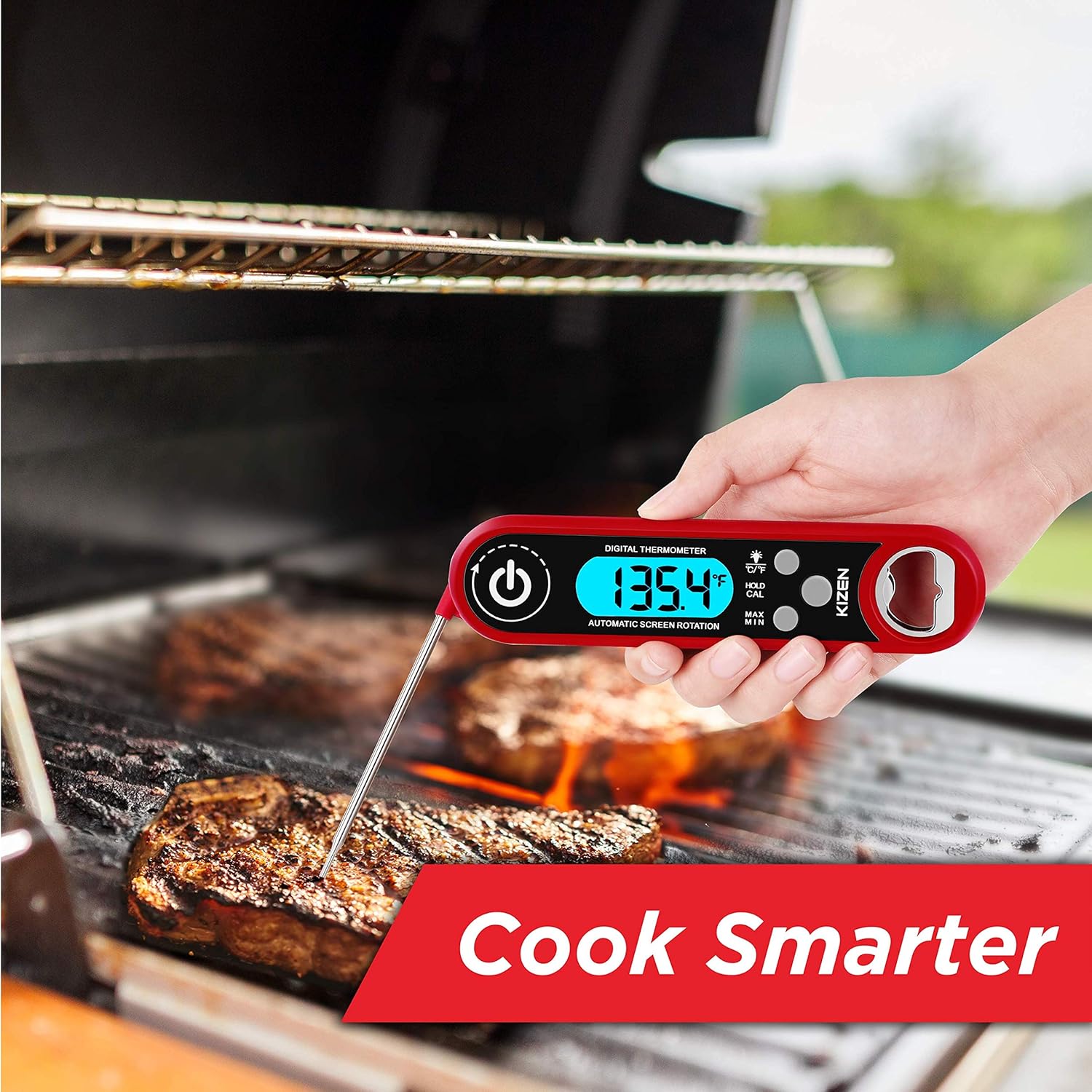Kizen IP100 Instant Read Meat Thermometer - Waterproof Ambidextrous Thermometer with Backlight & Calibration. Digital Food Thermometer for Kitchen, Outdoor Cooking, BBQ, and Grill! (Red): Industrial & Scientific