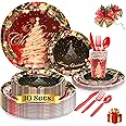 ARC 60Pcs Christmas Disposable Dinnerware Sets For 10 Guests, Including:10 Dinner Plates,10 Dessert Plates,10 Silverware,10 Cups, Paper Plates for Party Supplies (Red&Green)