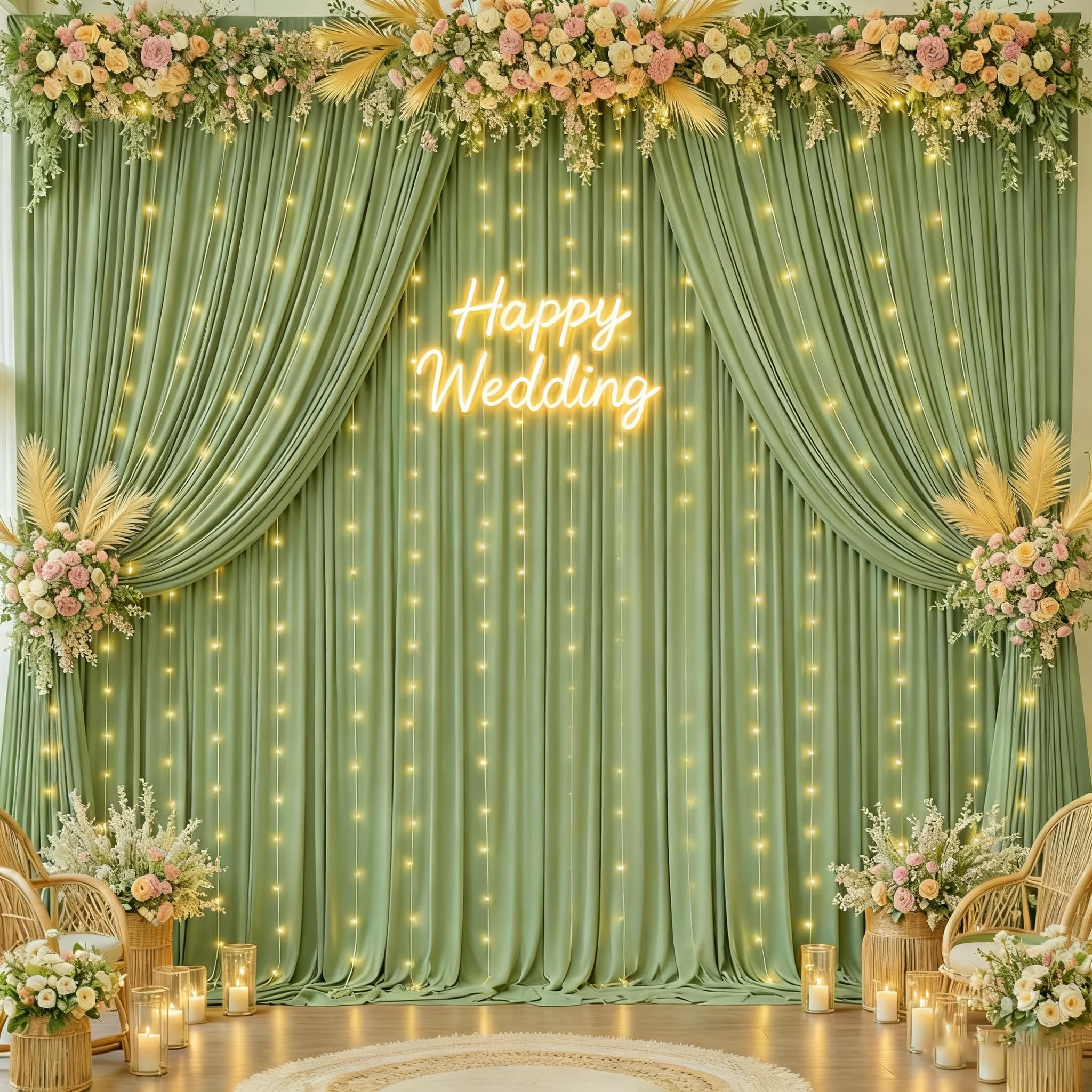 Photo 1 of 20x10FT Sage Green Backdrop Curtains with Lights for Parties,Wrinkle Free Wedding Photo Backdrop Curtains for Baby Shower Birthday Ceremony Reception Home Party Decorations-5ft x 10ft,4 Panels