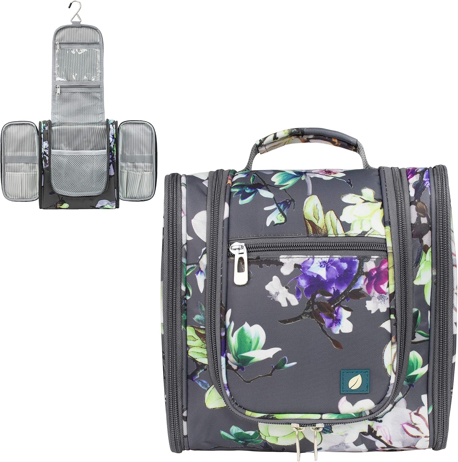 PAVILIA Hanging Travel Toiletry Bag Women Men | Hygiene Bag, Bathroom Toiletry Organizer Kit for Cosmetics, Makeup, Toiletries Accessories (Floral Grey): Clothing
