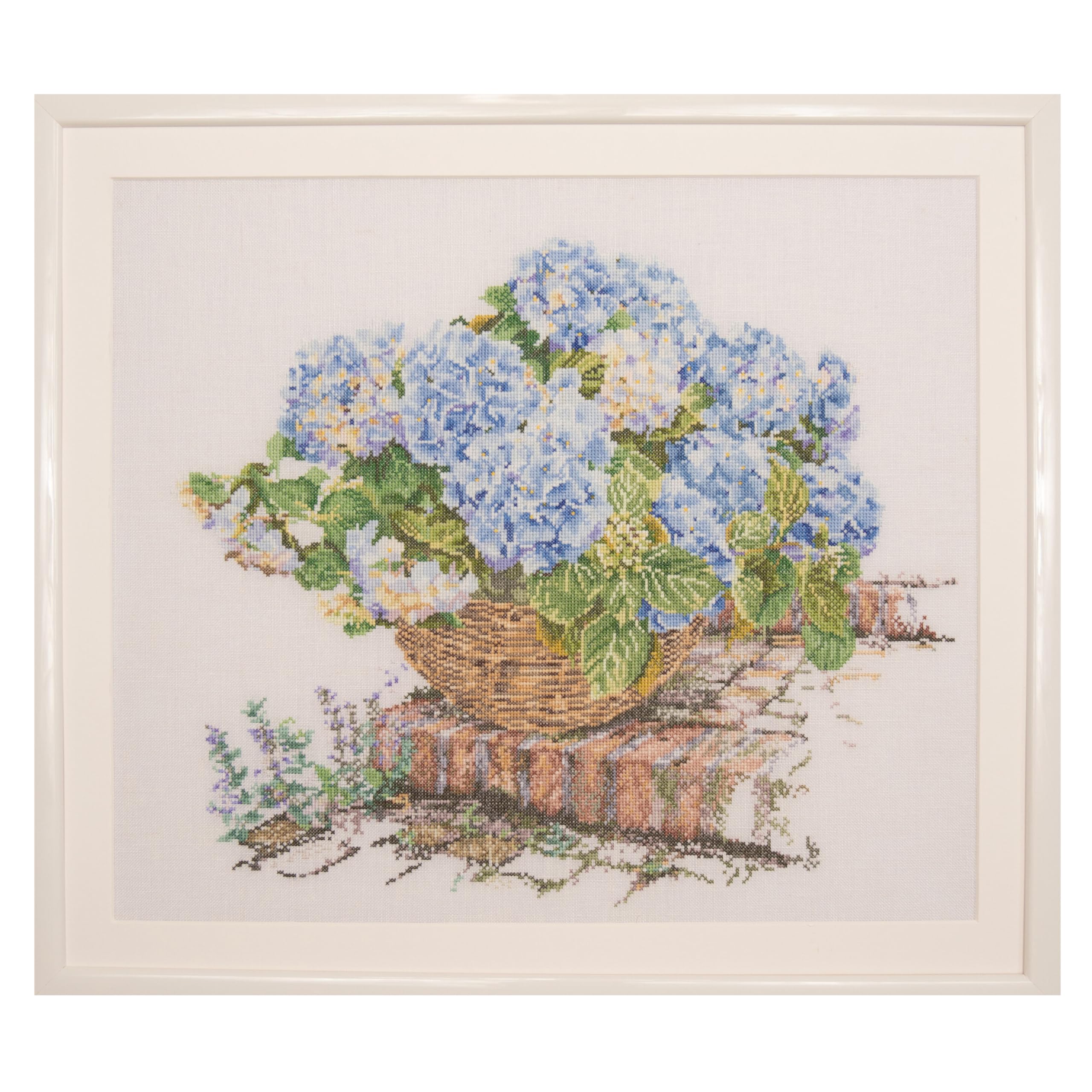 Thea Gouverneur - Counted Cross Stitch Kit - Blue Hydrangea - Linen - 32 count - Embroidery Kit for Adults - DMC Embroidery Threads and other Cross Stitch Supplies Included - 2046