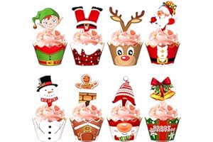 MOON BOAT 128 Pieces Christmas Cupcake Toppers Wrappers Party Supplies Favors - Snowman Santa Claus Reindeer Elf Gnome Gingerbread
