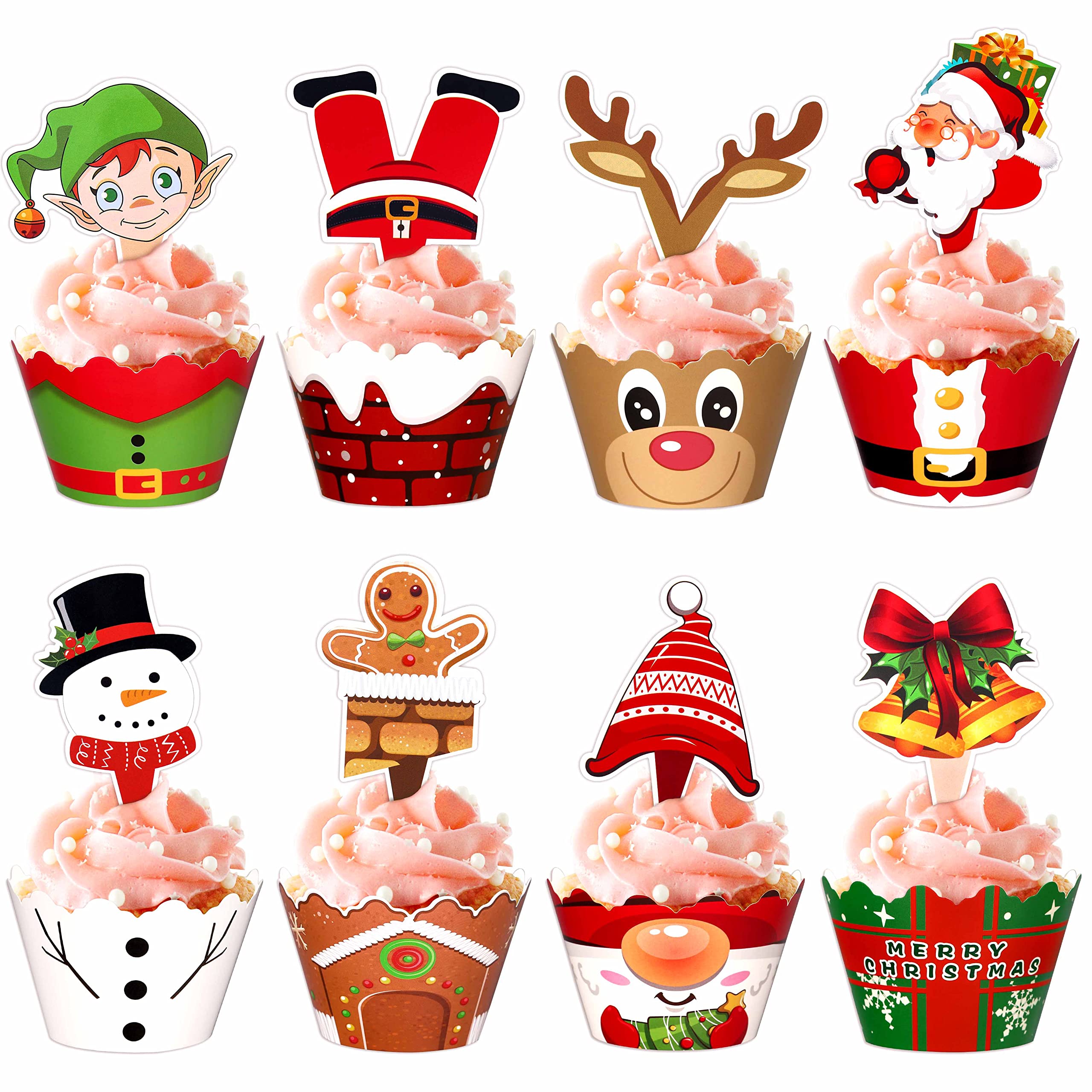 Photo 1 of 128 Pieces Christmas Cupcake Toppers Wrappers Party Supplies Favors - Snowman Santa Claus Reindeer Elf Gnome Gingerbread