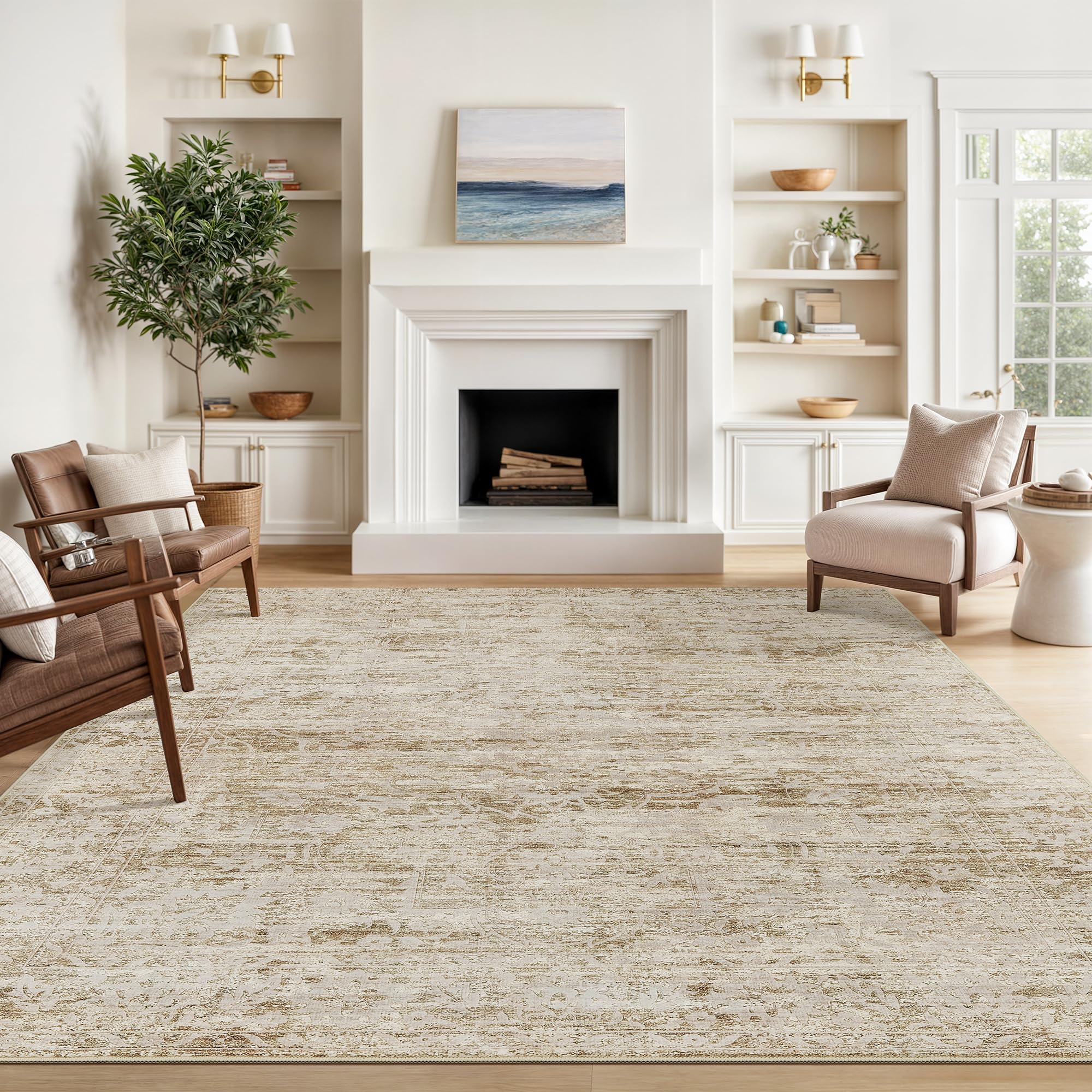 Photo 1 of ***Similar***
Soalmost 8x10 Area Rugs for Living Room, Stain Resistant Neutral Washable Rugs for Dining Room, Floral Vintage Non-Slip Thin Large Size Area Rug Brown Sand