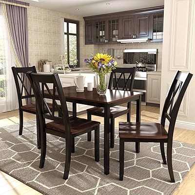 Merax Dining Table Set for 4, Wood and Chairs (Cherry + Black)