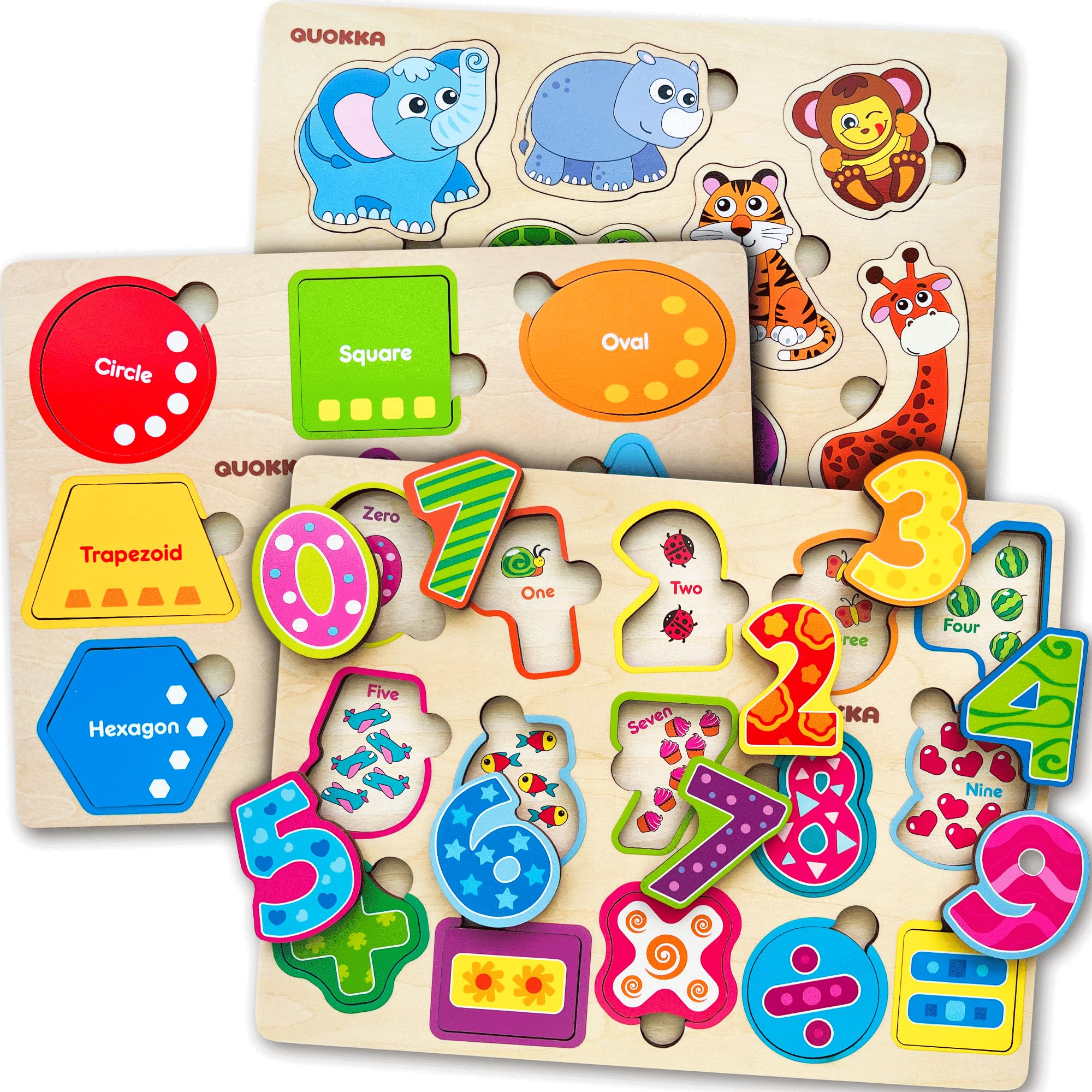 QUOKKA Toddler Toys for 1 2 3 Year Old Boys and Girls - 3 Pack Shapes Numbers Puzzle Games - Wooden Toys for 2 Year Olds with Words and Colorful Image