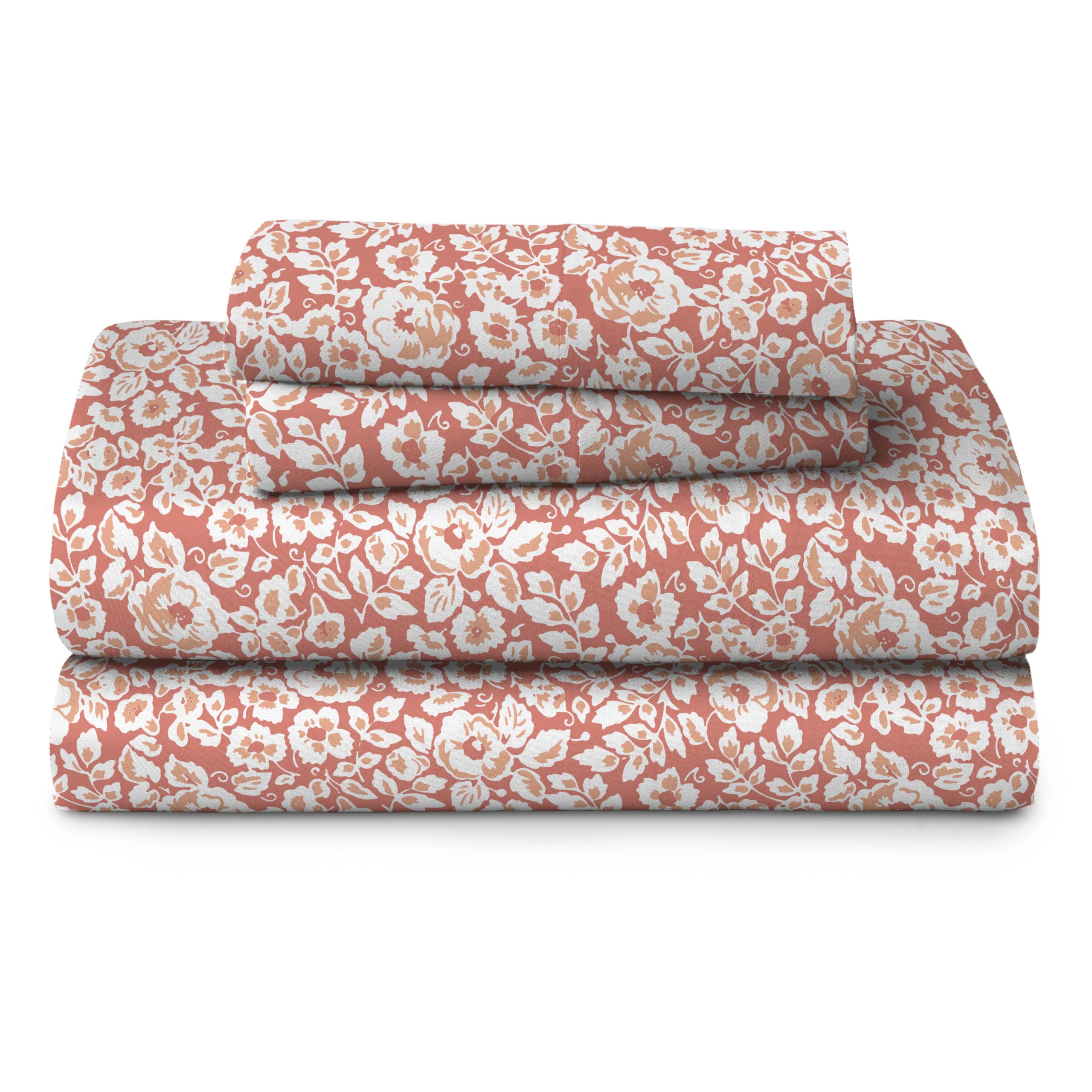 Photo 1 of Welhome 100% Cotton Percale 4-Piece King Size Printed Bed Sheets Set, 1 Fitted, 1 Flat Sheet with 2 Pillowcases, Imprint Floral in Orange