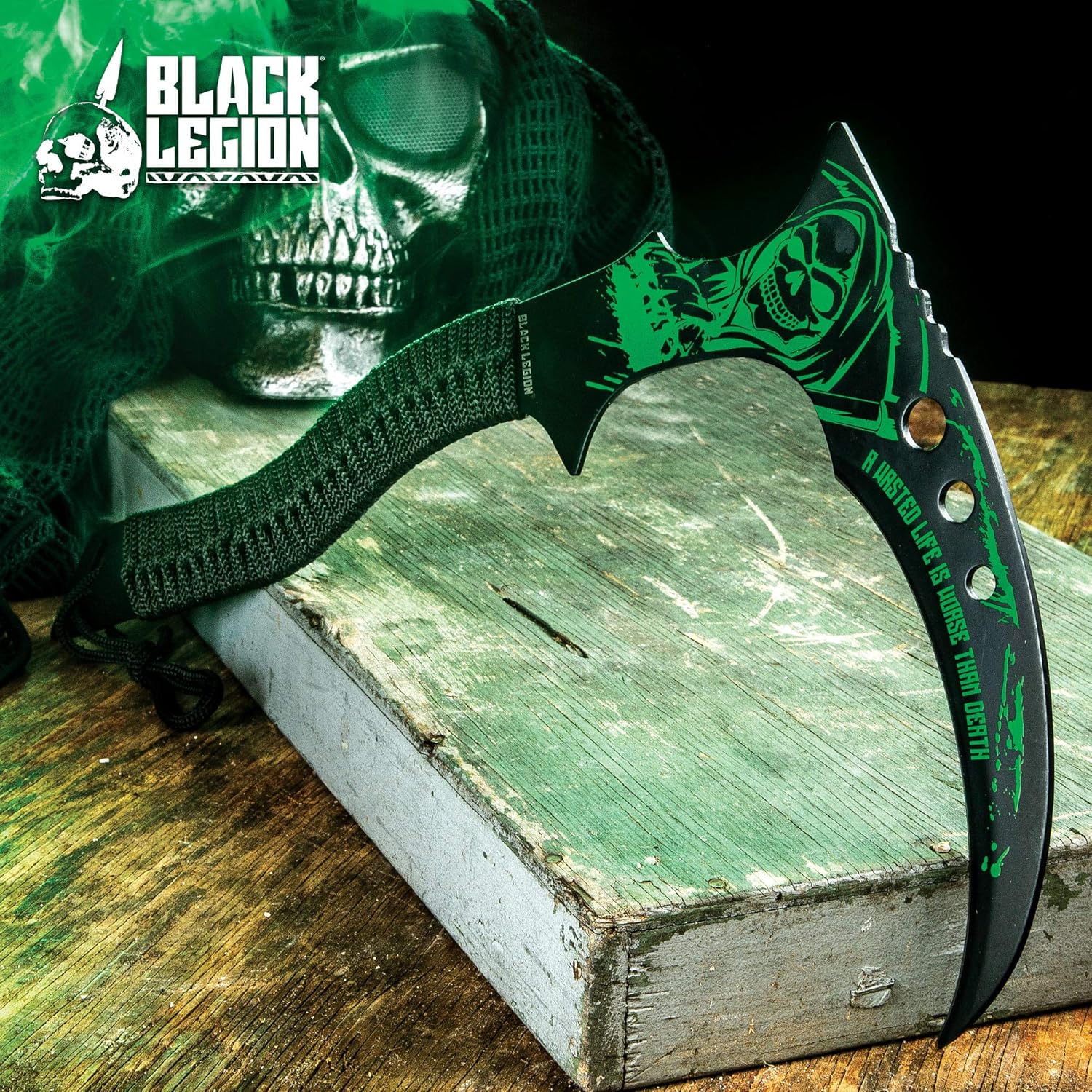 Black Legion Grim Warrior Kama - Solid Stainless Steel Construction, Non-Reflective Coating, Detailed Etch, Cord-Wrapped Handle