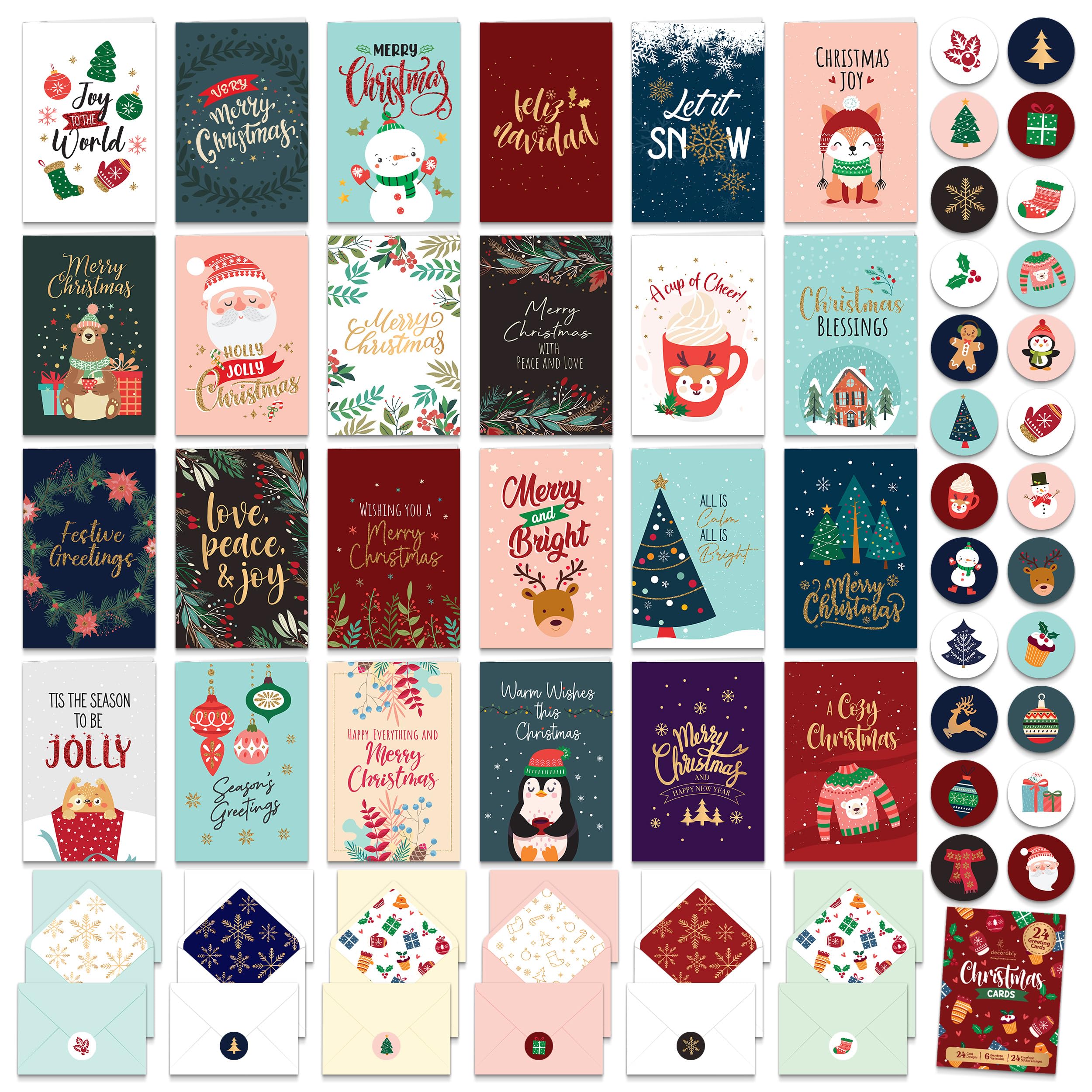 Decorably 24 Pack Foiled & Glittery 6x4in Assorted Box Christmas Cards with Envelopes and Stickers, 24 Festive Designs Christmas Card Set with Printed Message Inside