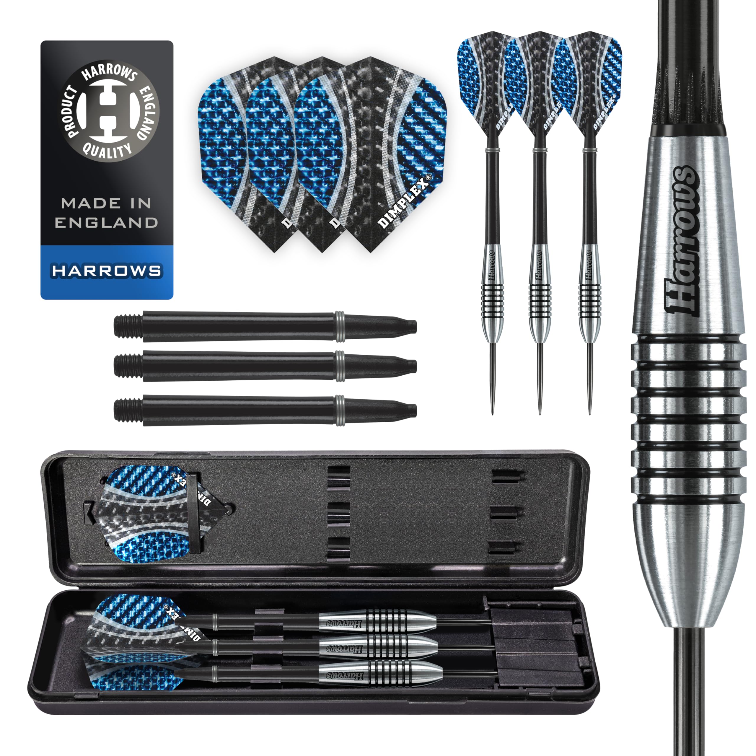 Harrows Bomber 85% Tungsten Darts | Steel Tip Darts set with carry case | 21g, 23g, 25g & 27g | Includes Black Nylon Shafts & 100 Micron Dimplex Flights 21g