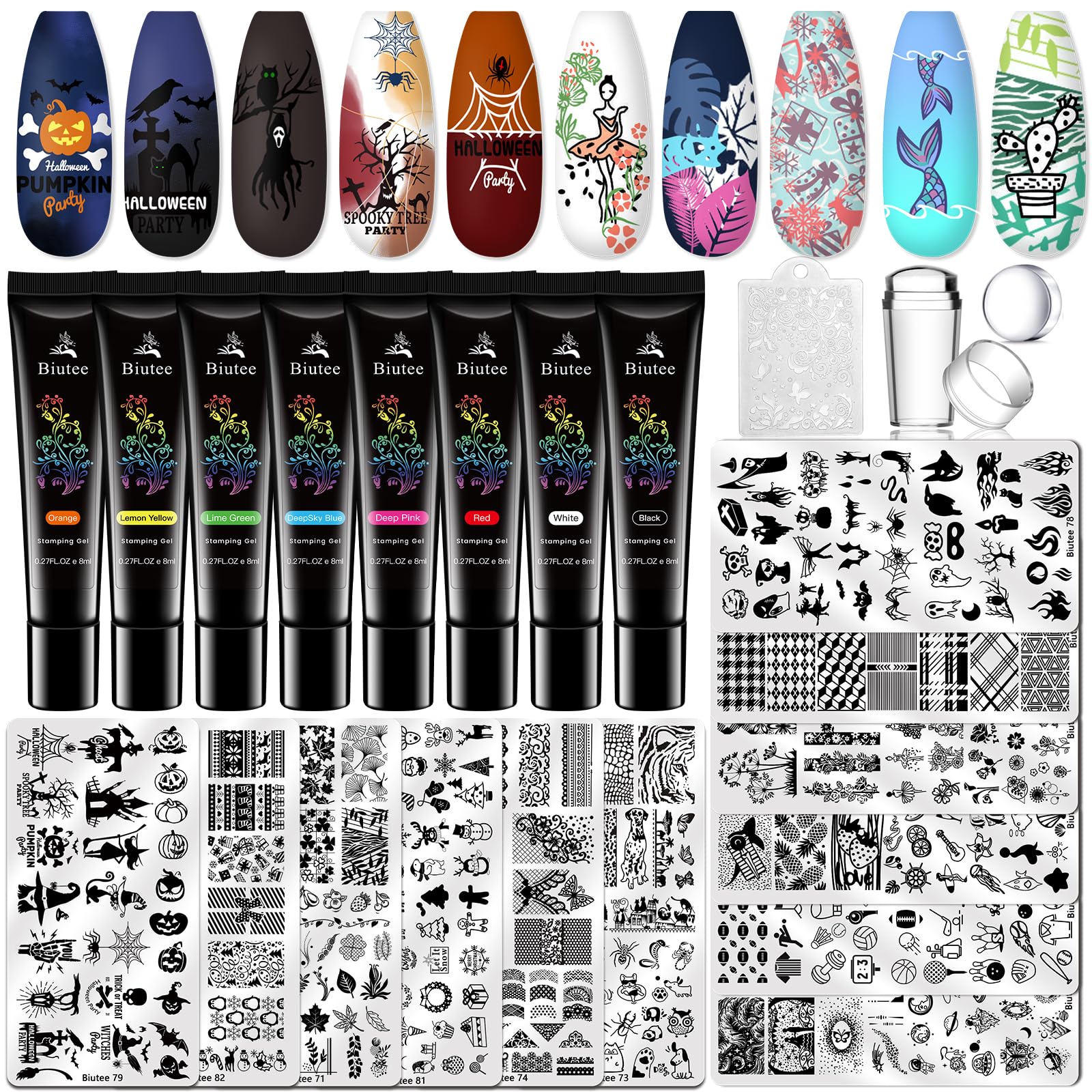 Photo 1 of Biutee Nail Stamper Kit Nail Art Stamping Plate Set 8 Stamping Nail Polish Gel 12 Stamp Plate Jelly Silicone Stamper Flower Animal Lace Girl Star Rose Love Template Tool Supplies Halloween Design