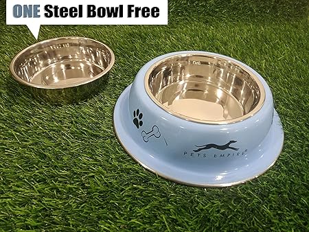 Pets Empire Stainless Steel Detachable Anti Skid Dog Feeding Bowl Blue Color Size -450 ml