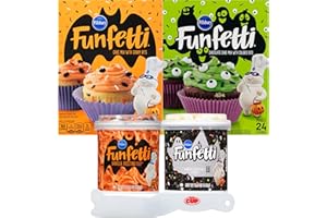 Pillsbury Funfetti Halloween Bundle, 1 of each Chocolate Slime Cake Mix and Halloween Cake Mix, 1 of each Frosting with Sprinkles, Black Chocolate and Orange Vanilla (Pack of 4) with By The Cup Spreader