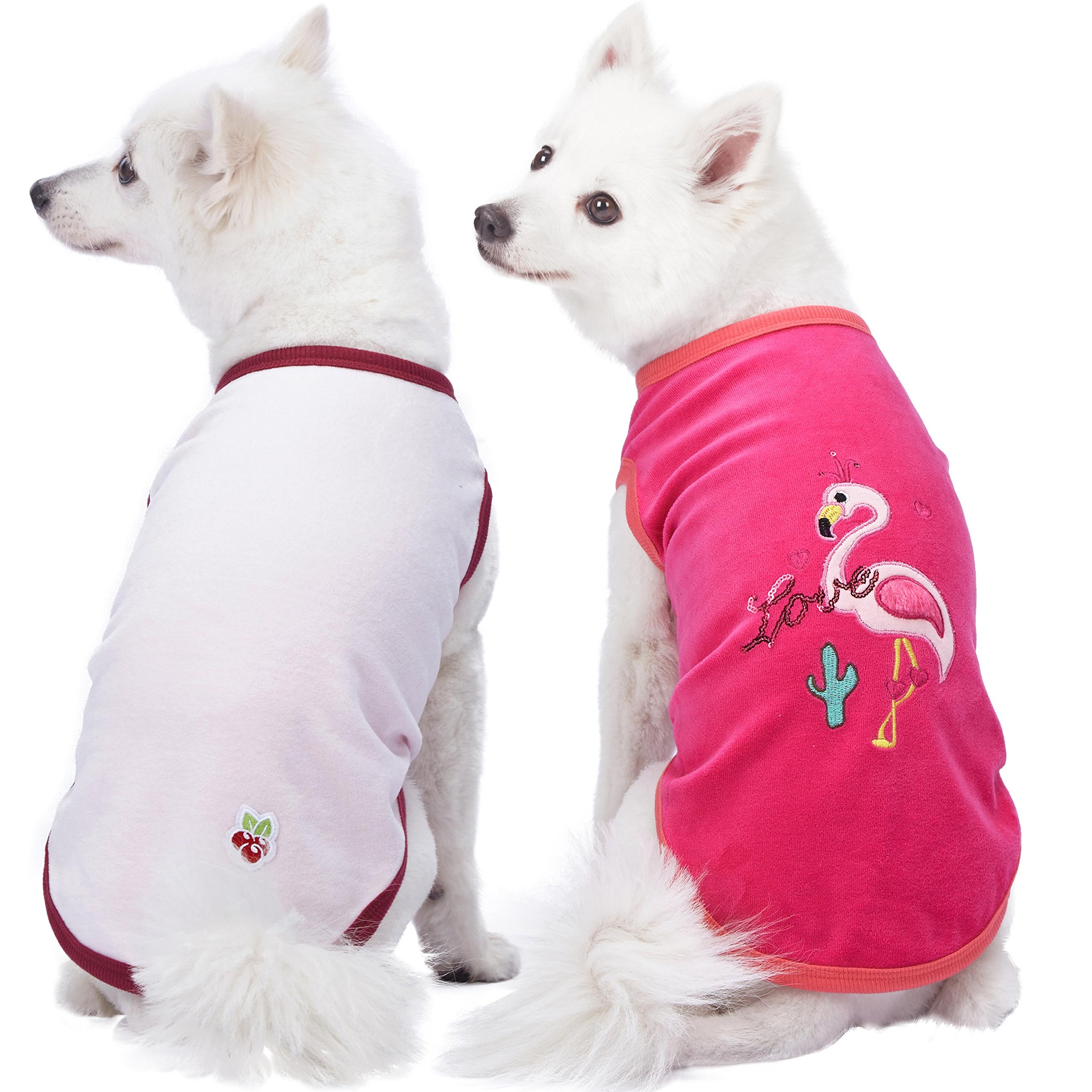Blueberry Pet Pack of 2 Soft & Comfy Vacation Scene Flamingo Cotton Blend Dog Pajamas & Tank Top T Shirts, Back Length 16"/41cm, Pack of 2 Clothes for Dogs