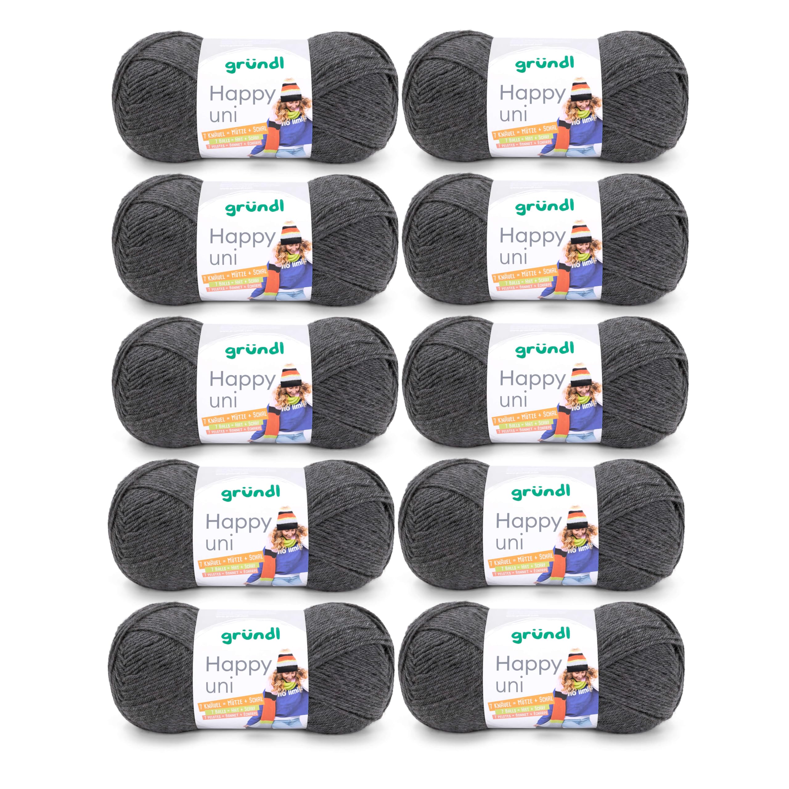 Gründl “Happy Uni”, 10x balls of 100 g knitting yarn, 100% acrylic, 40 cm x 39 cm x 9 cm, 100% Polyacrylic, charcoal, 40 x 39 x 9 cm