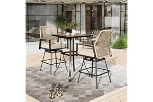 HERA'S HOUSE 3 Pieces Patio Rattan Bar Set,Outdoor Swivel Wicker Bar Stools Set, 2 Counter Height All Weather Bar Chairs with Rattan Backrest, 1 Wood-Like High Top Table for Backyard,Balcony