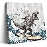 WWN Funny Cat Riding Dinosaur Bathroom Wall art Funny T-Rex Surfing Painting Picture Wall Decor Japanese Ocean Waves Poster Print Artwork for Kids Bathroom Toilet Restroom (Framed, 12W'' x12L'')