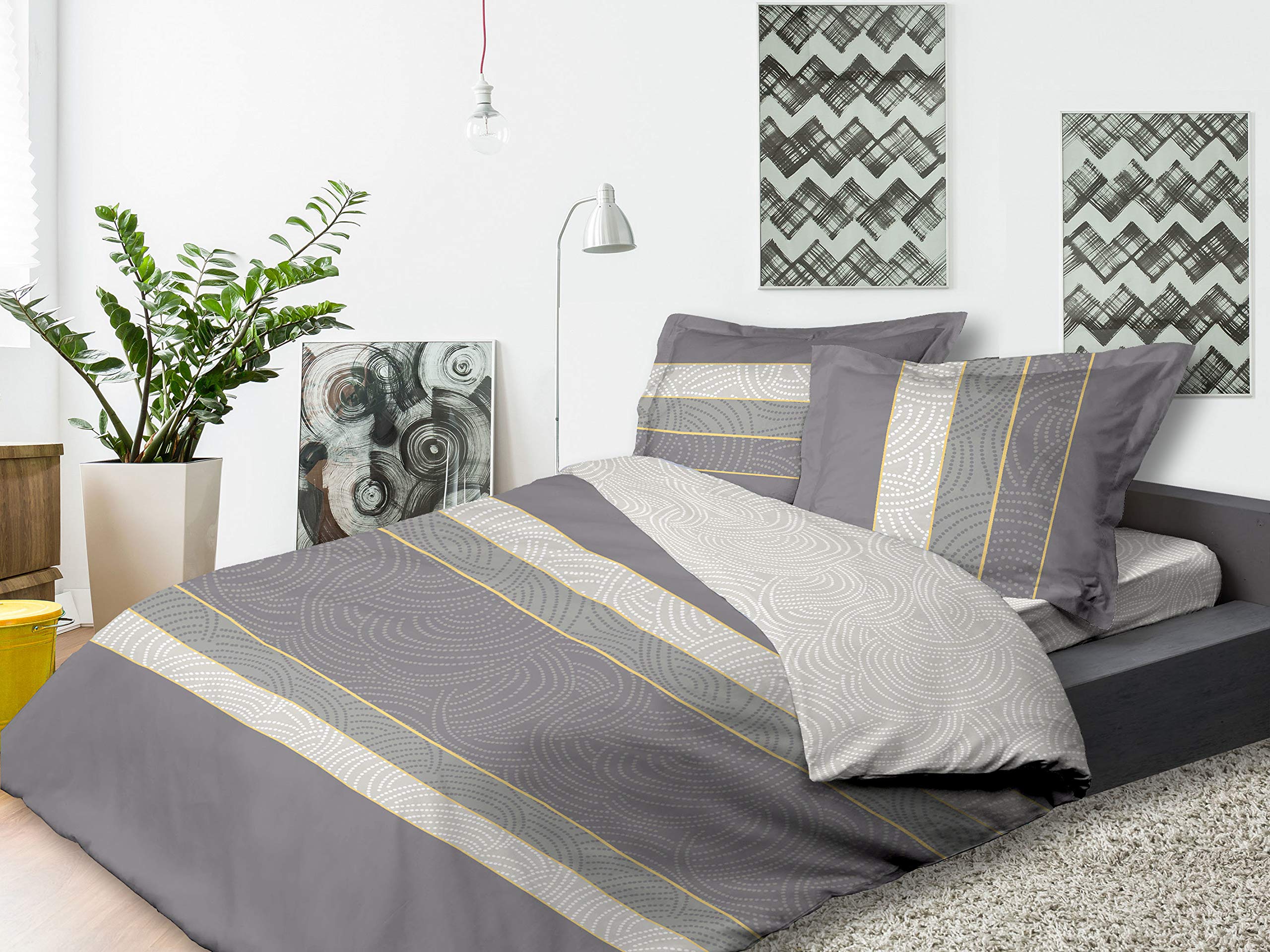 CALITEX 3-Piece Bedding Set, 240 x 220 cm, Bloom, 100% Cotton, Grey, 240 x 220 cm