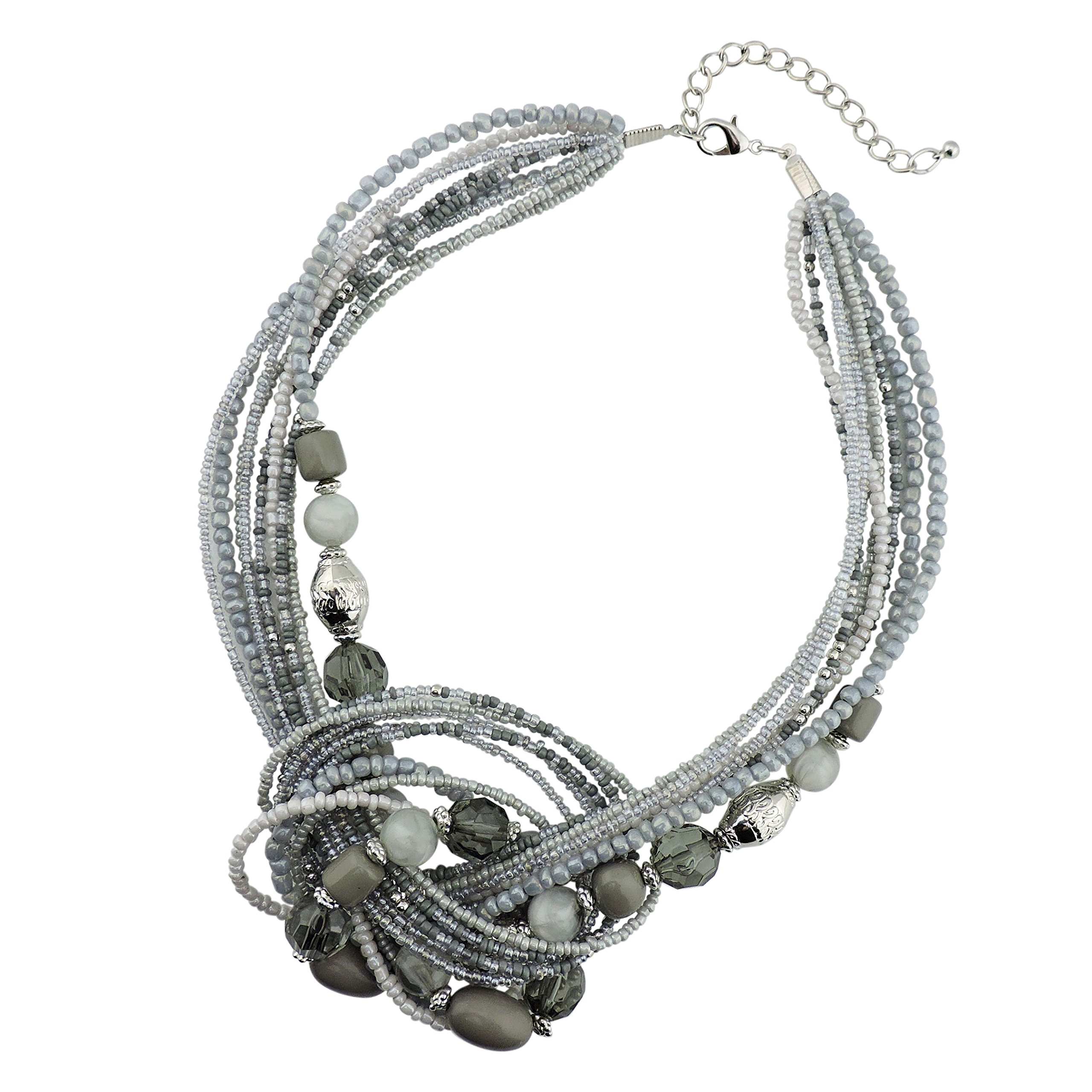 BOCAR Aquamarine Seed Beads Antique Gold Multilayer Statement Collar Necklace (NK-10345-Grey)