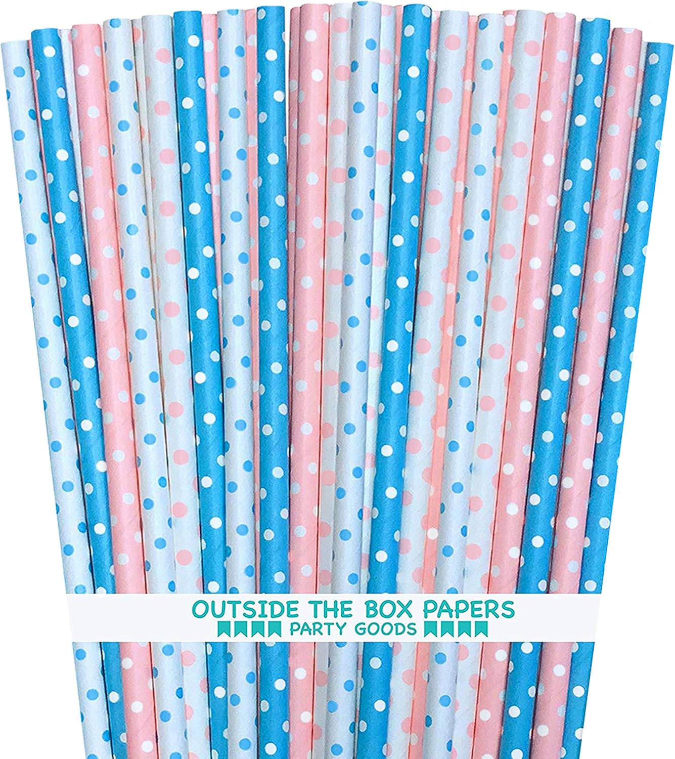 Gender Reveal Paper Straws - Light Blue Pink White - Polka Dot - 7.75 Inches - 100 Pack - Outside the Box Papers Brand