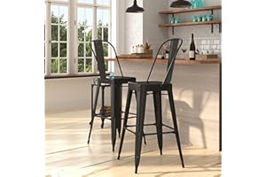 Merrick Lane Dothan Series Bar Height Stool - Black Finish - Metal Frame with Cross Bracing - Convenient Removable Back - Integrated Footrest