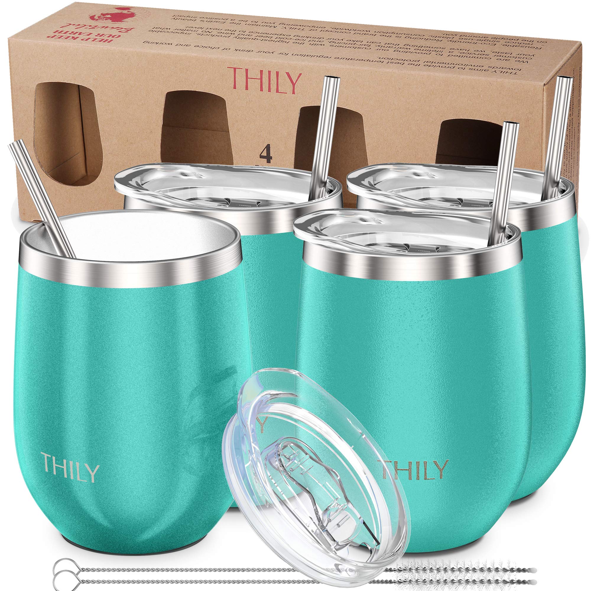 THILY Stainless Steel Stemless Wine Glasses 4 Pack Vacuum Insulated Cute Travel Wine Tumbler Set with Splash-Proof Lids, Reusable Straws, Keep Cold & Hot for Wine, Coffee, Teal