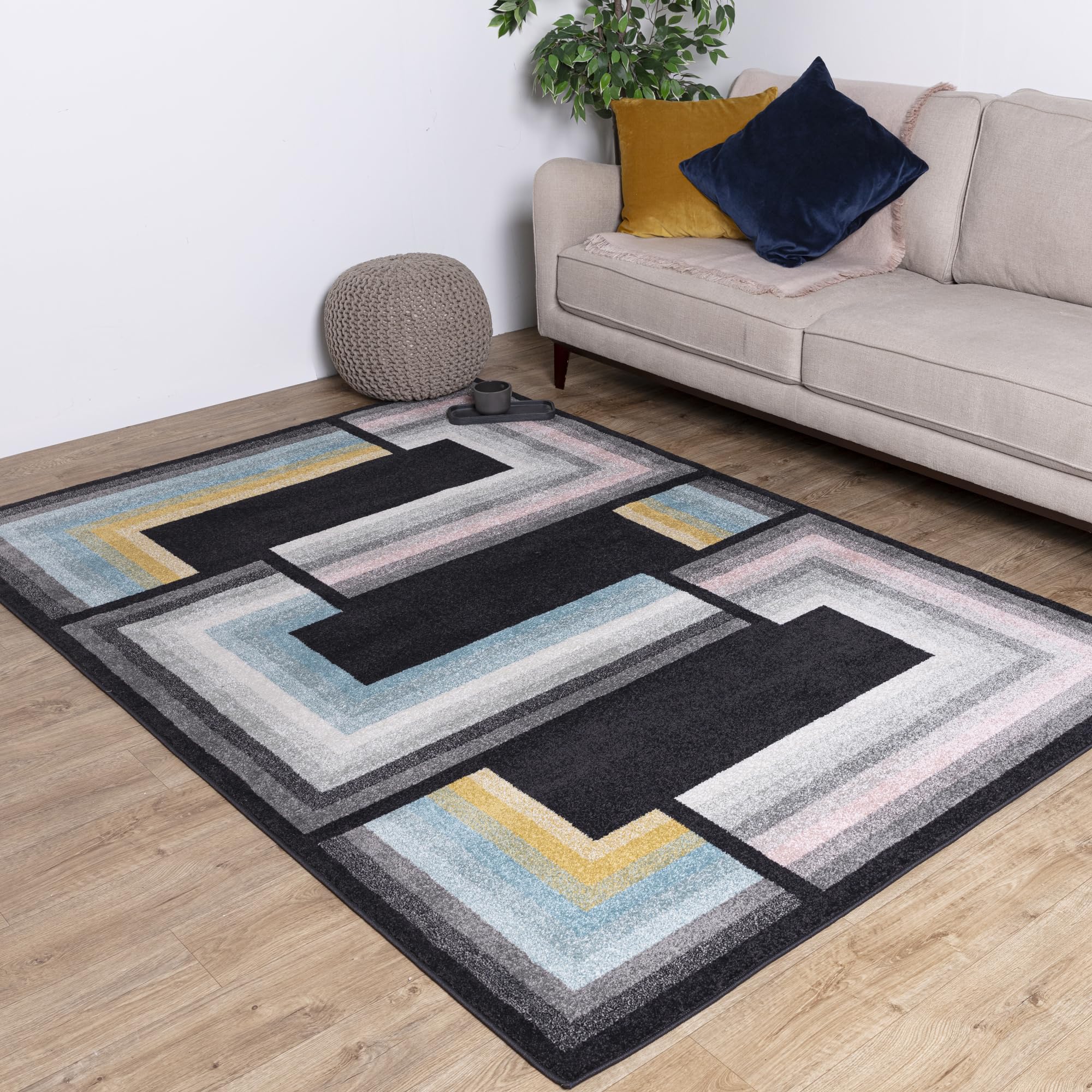 Asiatic Edits Low Pile Geometric Charcoal Multi Indoor Rug for Living room, Bedroom, Conservatory, Hallway, Large Area, Easy to Clean, Area Rugs - Non Shedding 120x170cm