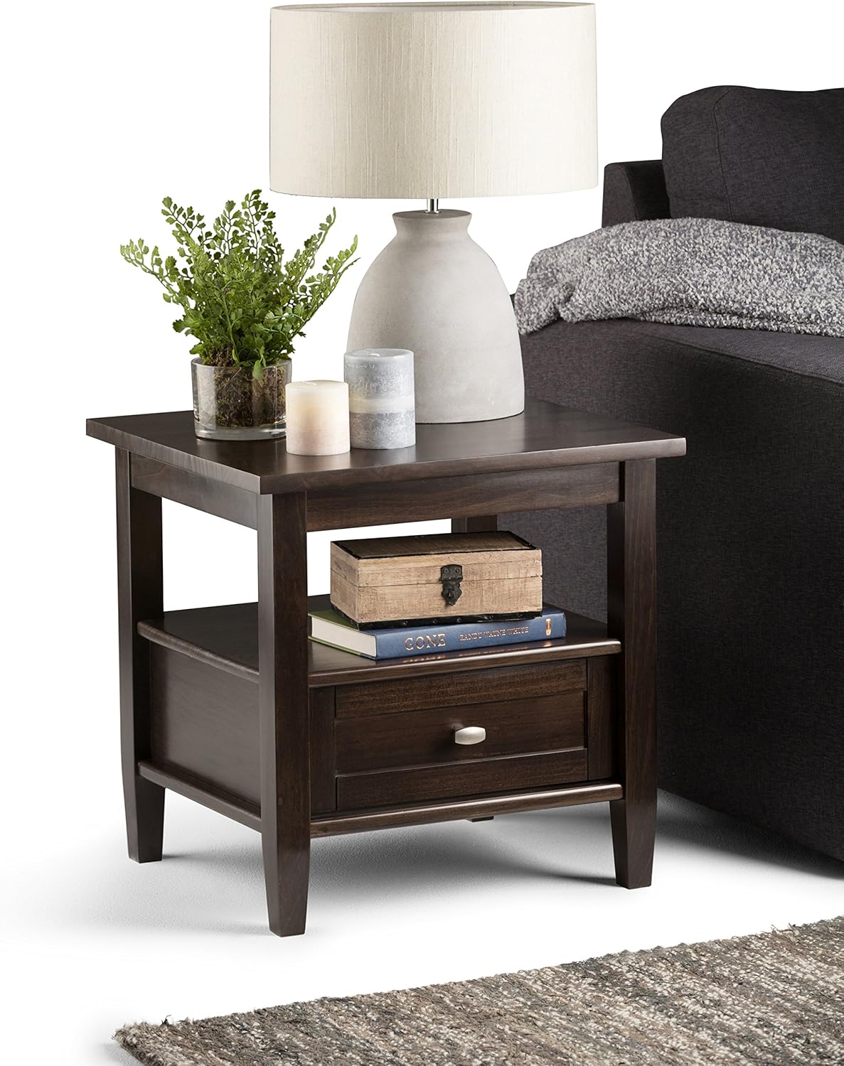 Simpli Home Warm Shaker SOLID WOOD 20 inch wide Rectangle Rustic Contemporary End Side Table in Tobacco Brown with Storage, 1 Drawer and 1 Shelf, for the Living Room and Bedroom: Kitchen & Dining