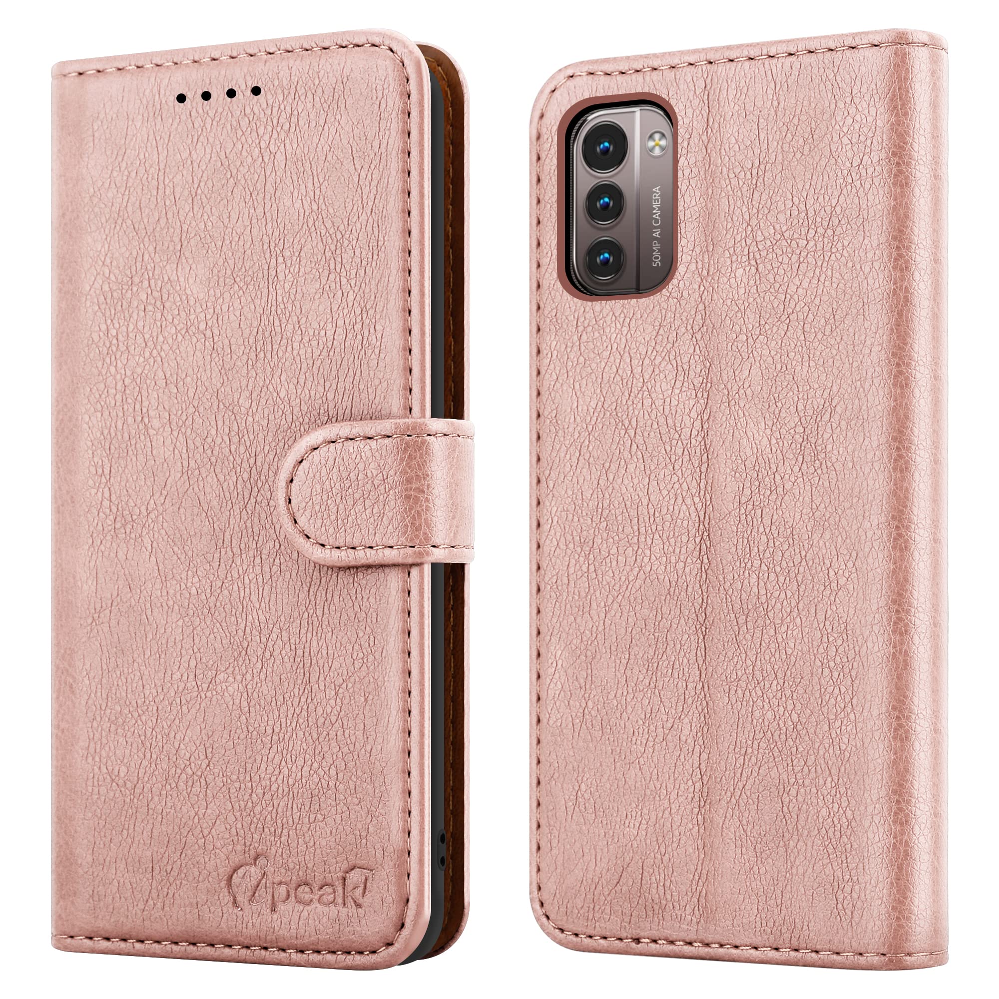 iPEAK Case For NOKIA G21 Phone NOKIA G11 Phone Case (6.5’’) Leather Flip Magnetic Closure Folio Book Kickstand Card Holder Wallet Cover Full Protection for Nokia Phone (Rosegold)