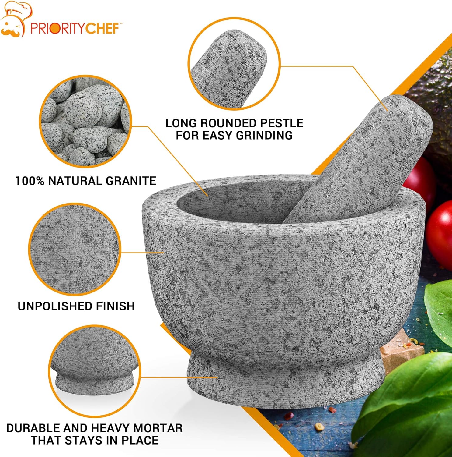 PriorityChef Mortar and Pestle Set - 100% Natural 2 Cup Unpolished Granite - Grind, Crush & Mash Spices and More - Easy to Use & Clean - Solid Stone Mortar and Pestle Large: Kitchen & Dining
