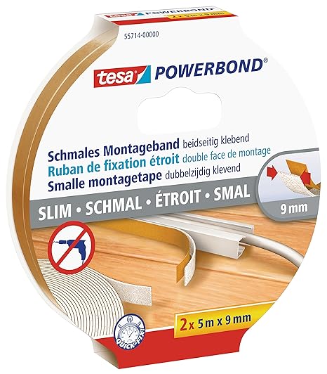 tesa doppelseitiges Montageband Powerbond SCHMAL, 2x 5m x 9mm