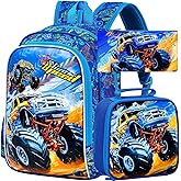 KLFVB 3PCS Boys Truck Backpack, Water Resistant Kids Bookbag with Lunch Box, 16" Preschool Backpacks for Elementary - Truck Blue