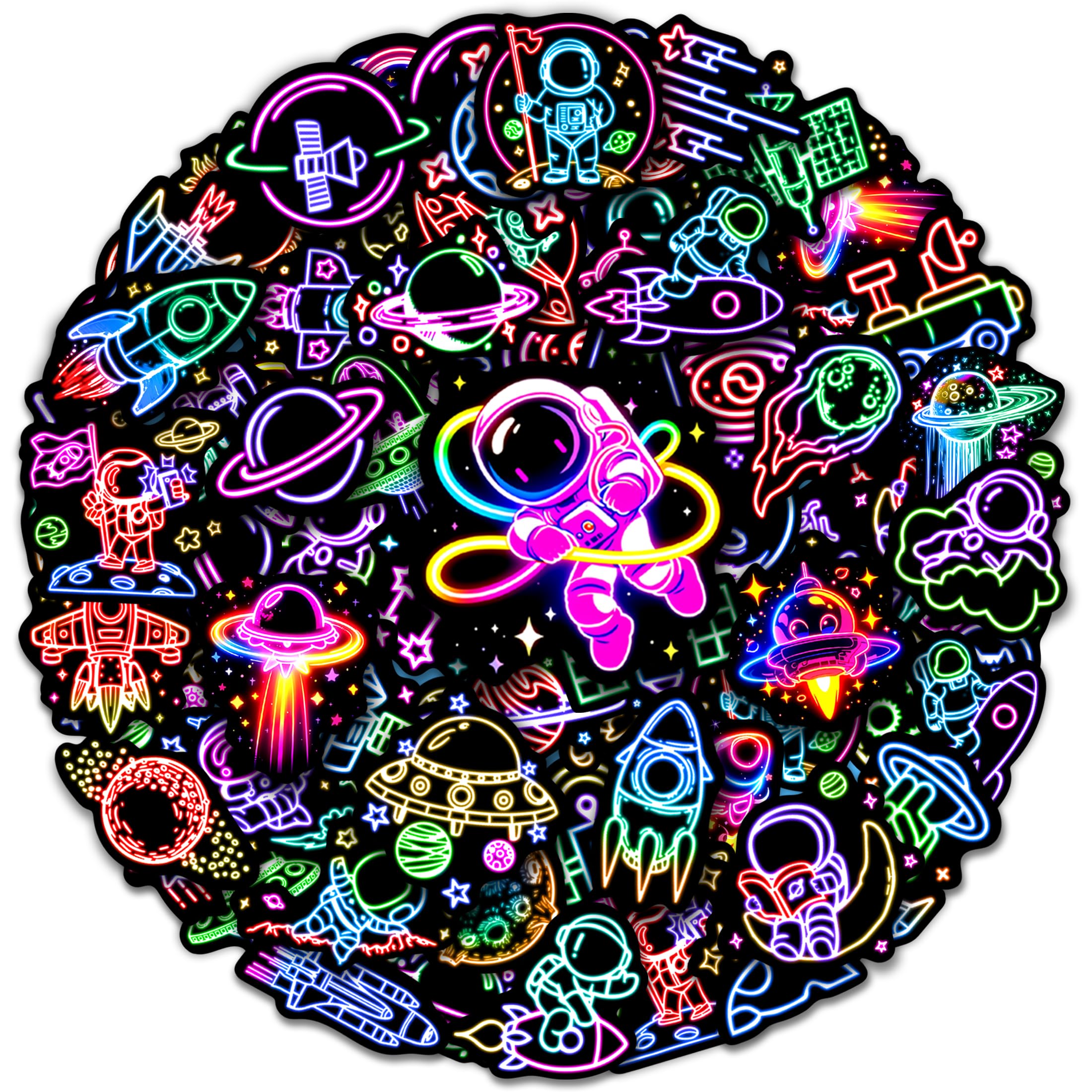 50 Pcs Neon Astronaut Stickers for Kids, Waterproof Space Sticker for Water Bottle, Vinyl Laptop Decals for Teens Girls Boys, Students Adults Sticker Pack