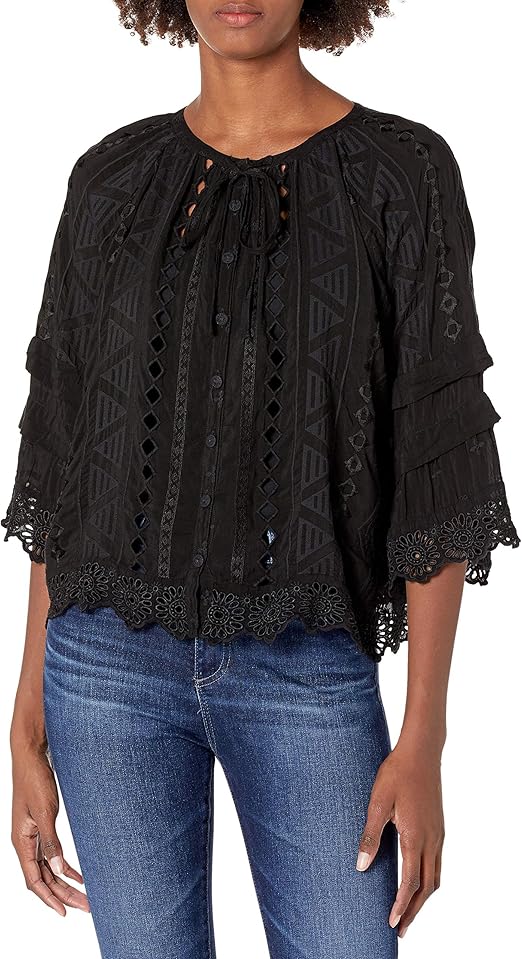 Johnny Was Womens Rayon Buttonfront Blouse with Sleeve Detail and