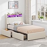 LIKIMIO Twin Bed Frame with 2 Drawers, Charging Station &amp; LED Lights, Beige | Upholstered Platform Twin Bed with Storage Headboard, Strong Wooden Slats, No Box Spring Needed, Easy Assembly