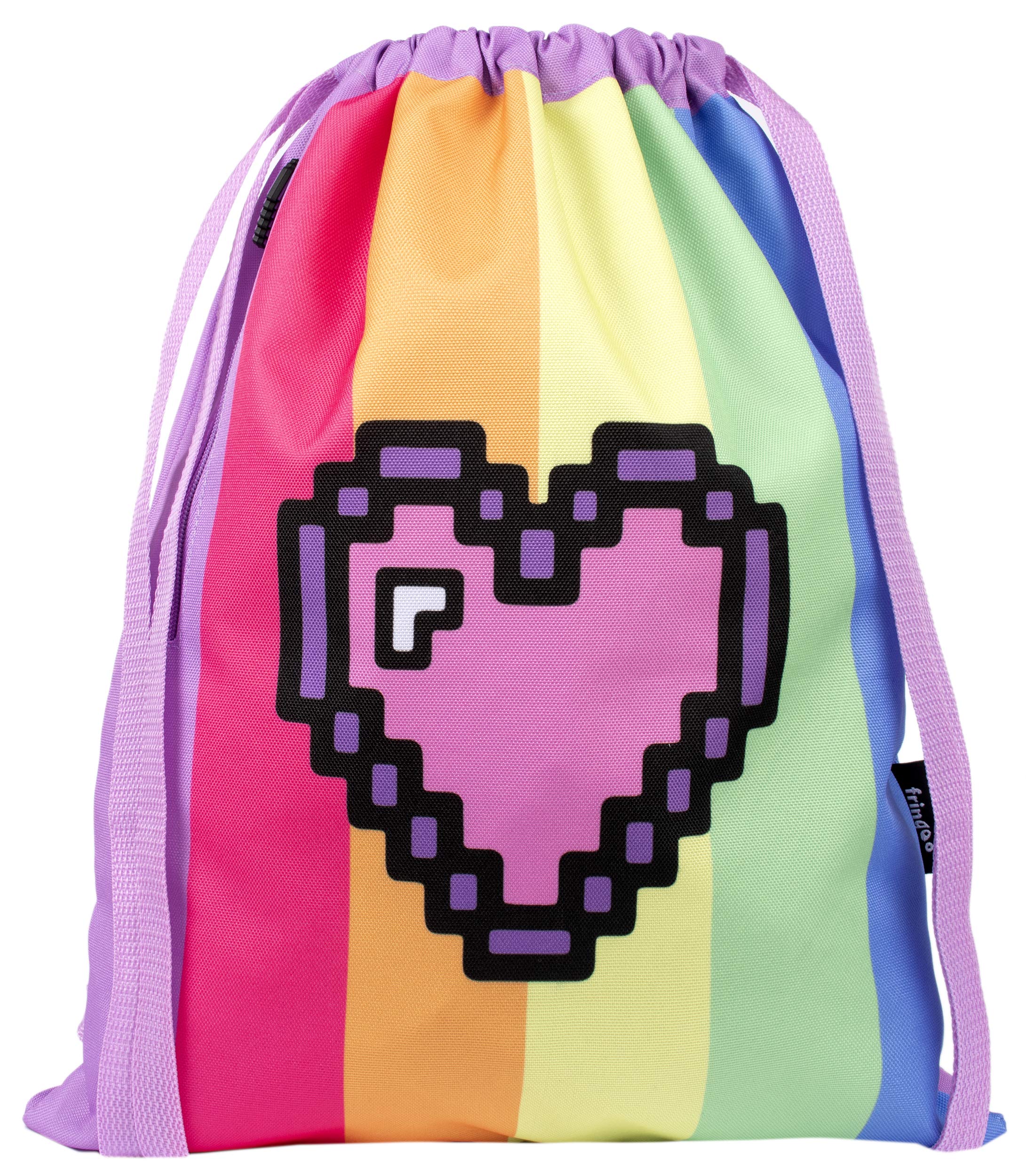 Fringoo - Kids Drawstring Bag | Perfect School, PE Kit, Swimming or Sports Kit Bag | Includes 1.5cm Straps for Comfort - Bag for Girls - Rainbow Pixel Heart