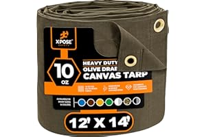 Xpose Safety Canvas Tarp - 10oz Olive Drab Canvas Tarps Heavy Duty Water Resistant with Brass Grommets- Multipurpose Outdoor Tarpaulin for Camping, Canopy, Trailer, Equipment Cover 12' x 14'
