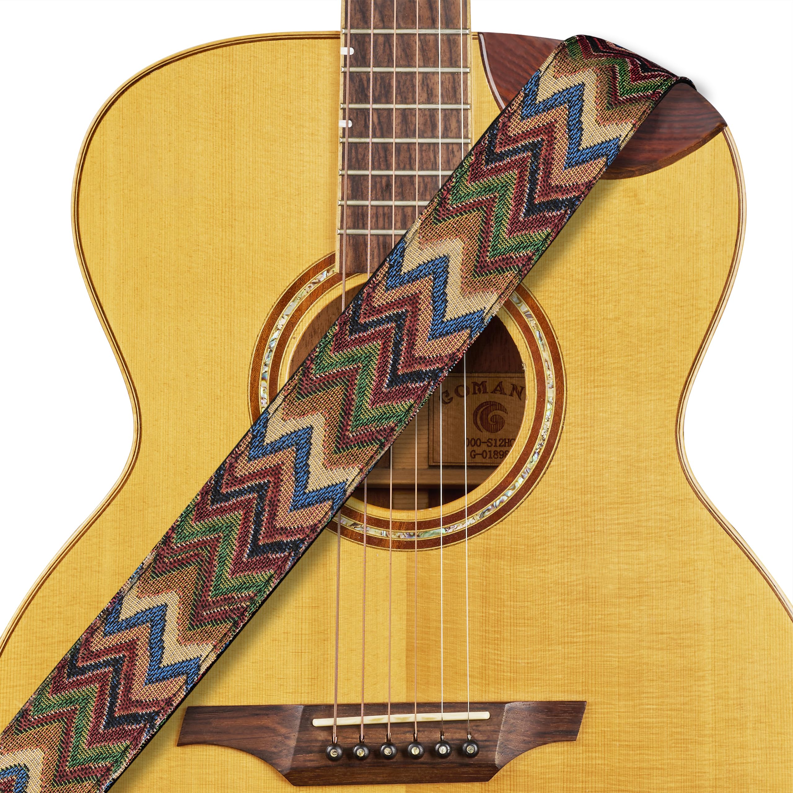Amumu 2" Chevron MultiColor Guitar Strap with Vegan Leather Ends - for Acoustic, Electric, Bass Guitars, Adjustable 37'' to 63"