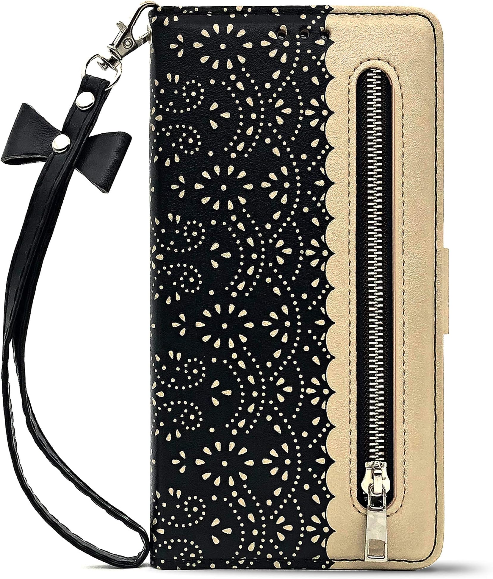 Luxury Flip Wallet Case for Samsung Galaxy Note 10 + Plus 5G Printed Lace Folio Kickstand Feature with Wristlet Lanyard Card Slots Cover for 6.8 Inch Note10+ Note10Plus (Black)