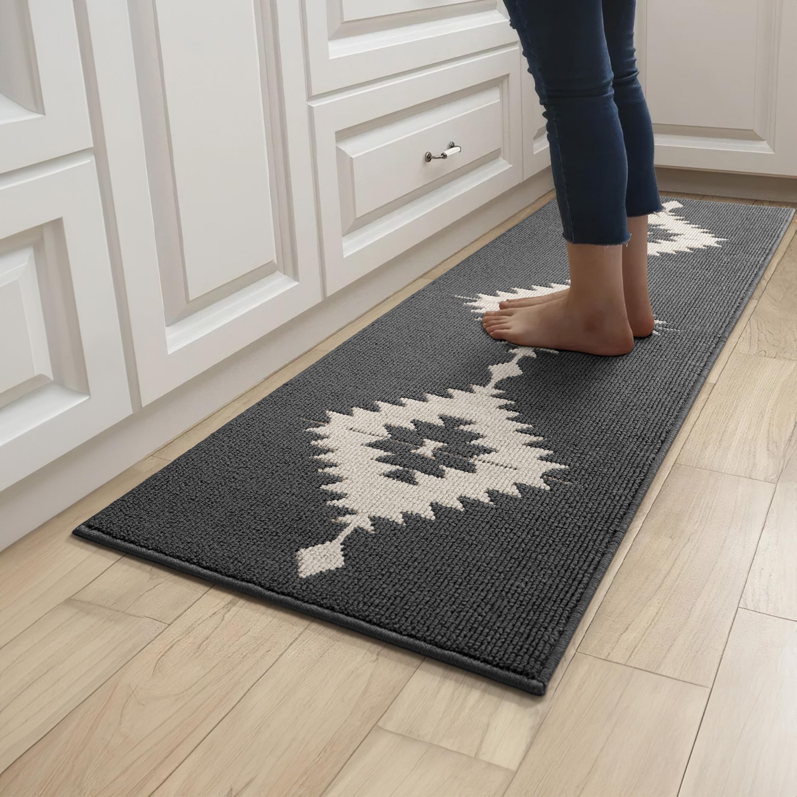 Photo 1 of UNIBATH Farmhouse Kitchen Mats for Floor 24x59,Large Long Kitchen Runner Rug Non-Slip Washable, Absorbent Resist Dirt Polypropylene Mat,Western Boho Rug for Sink Hallways Laundry,Grey