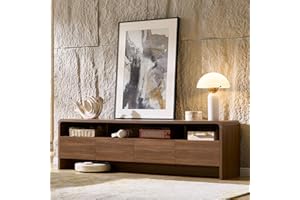 AMERLIFE 70" Modern TV Stand for TVs Up to 80", Wood TV Console with Curved Profile Design & 2 Storage Cabinets, Media Console Entertainment Center for Living Room, Brown