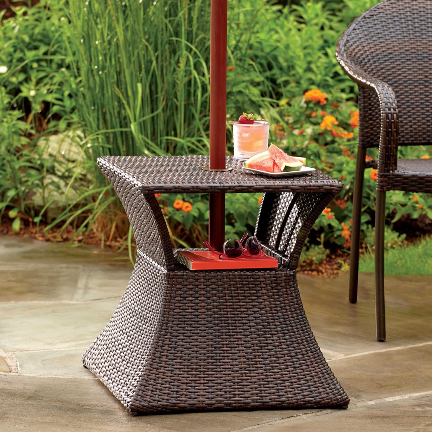 Stratford Wicker Umbrella Side Stand Table With Metal Frame For