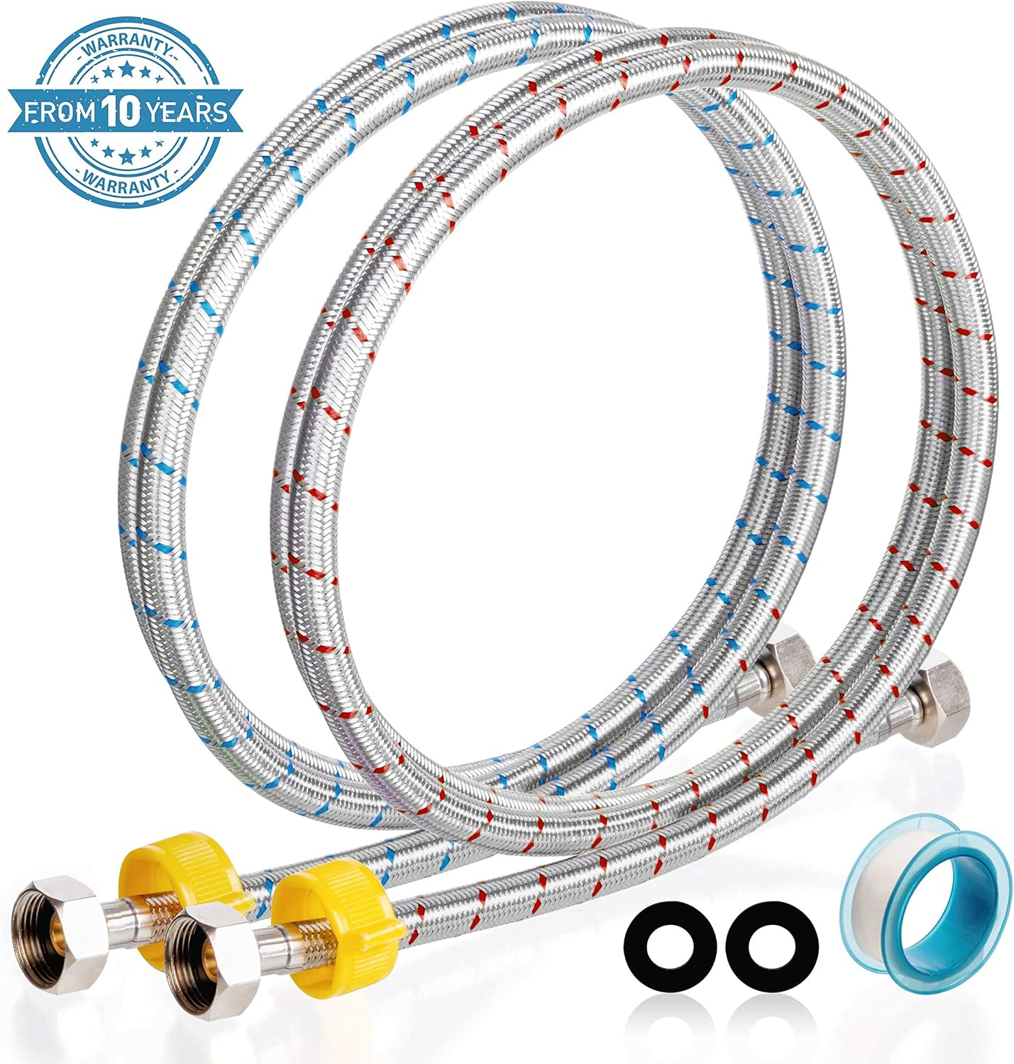 Washing Machine Hoses Washer Hose - 6 Ft Set of 2 Stainless Steel Washing Machine Hookup - Laundry Hose Water Non Reagent Material PEX - Ultra Durable Washer Fill Hose Connector