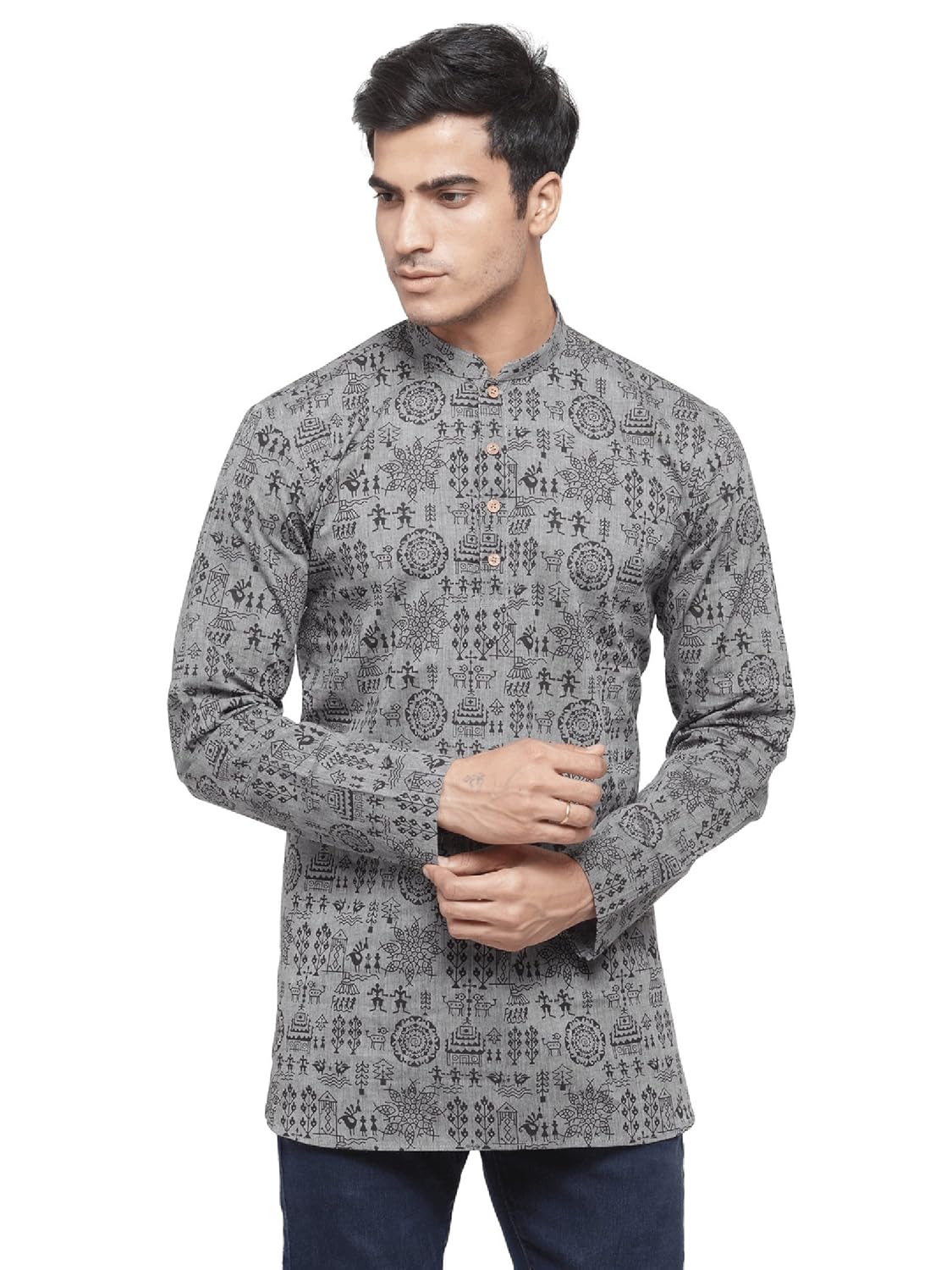 rg designers mens grey self design full sleeve kurta_d6578graywarli