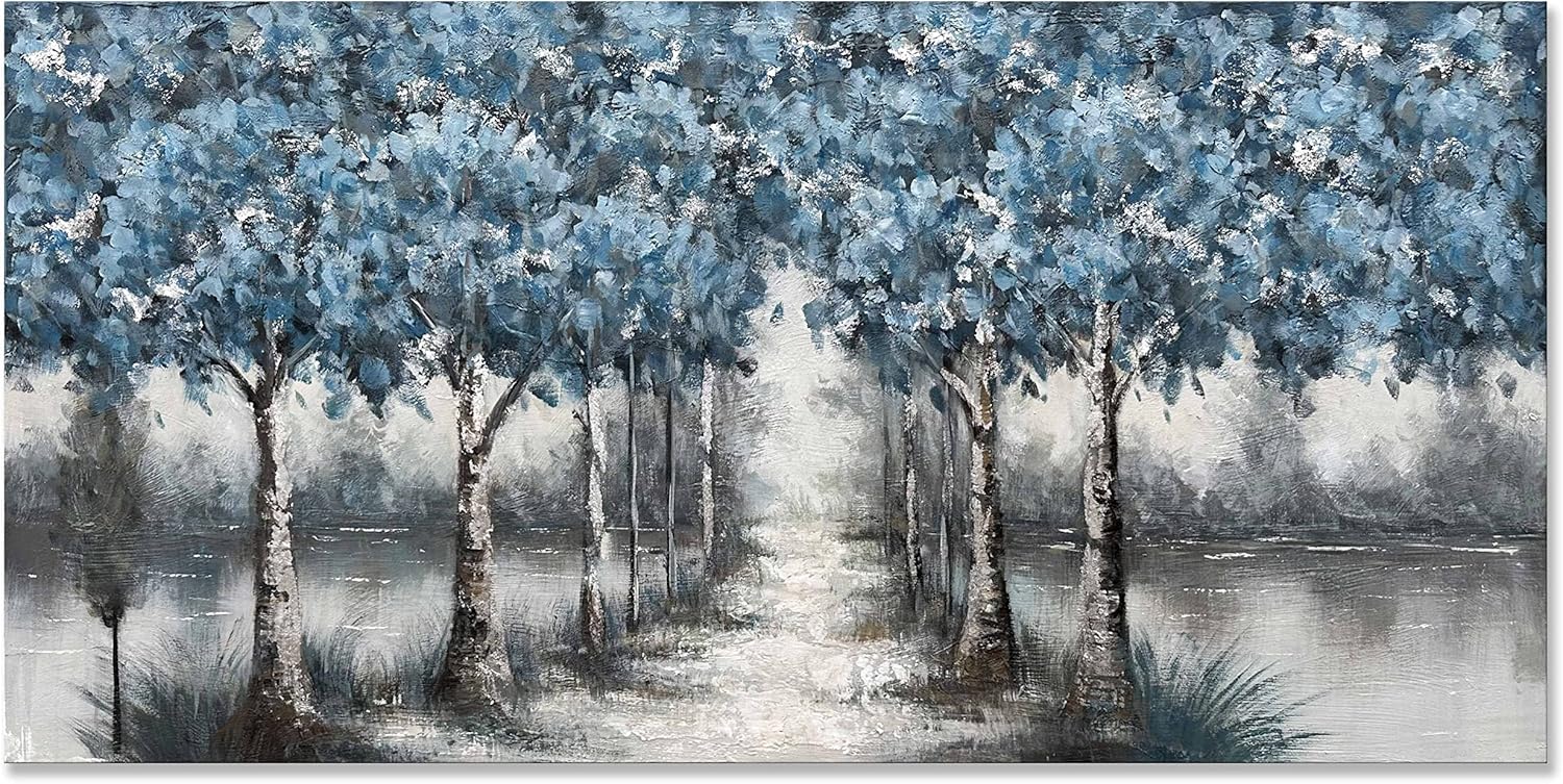 Paintings - Creespi Abstract Landscape Oil Painting On Canvas Wall Art 24x48 inch,Hand Painted Large Contemporary Blue Textured Tree Wall Paintings for Home Decor
