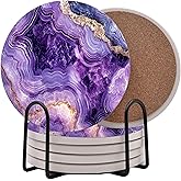 Purple Agate Marble Round Coasters Set of 6 - Abosrbent Ceramic Coasters with Metal Stand for Drinks, Coffee, Non-Slip Cork Back for Tabletop Protection, 4 Inches Marbled Pattern (Amethyst)